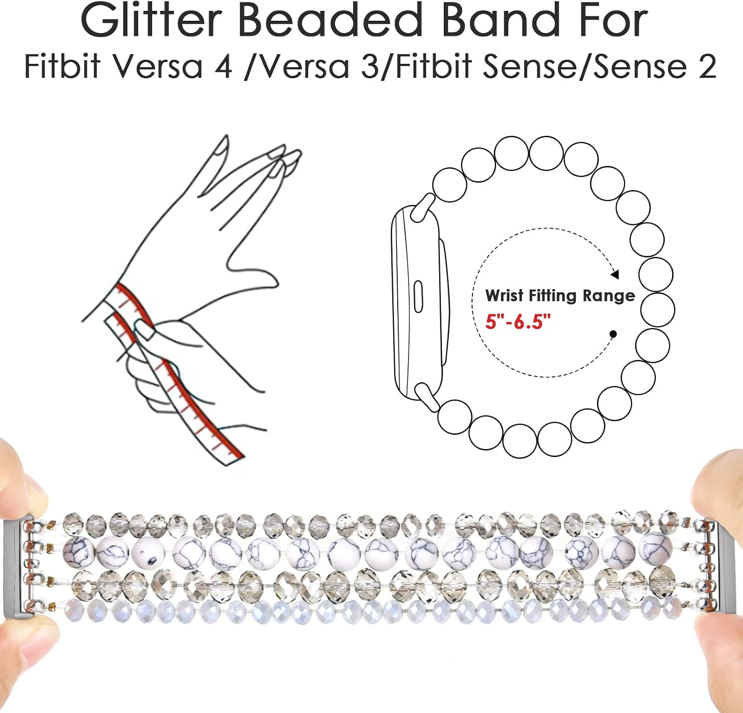 CAGOS Bracelet Compatible with Fibit Versa 4 Bands/Versa 3 Bands/Fitbit Sense/Sense 2 Bands Women, Fashion Handmade Beaded Elastic Stretch Replacement Wristband Pearl Straps for Fibit Smartwatch