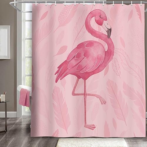 Cortina de ducha rosa, bonitas cortinas de ducha de flamenco, cortinas de baño bohemias de arte moderno, juego de accesorios de baño rosa, 71 x 71