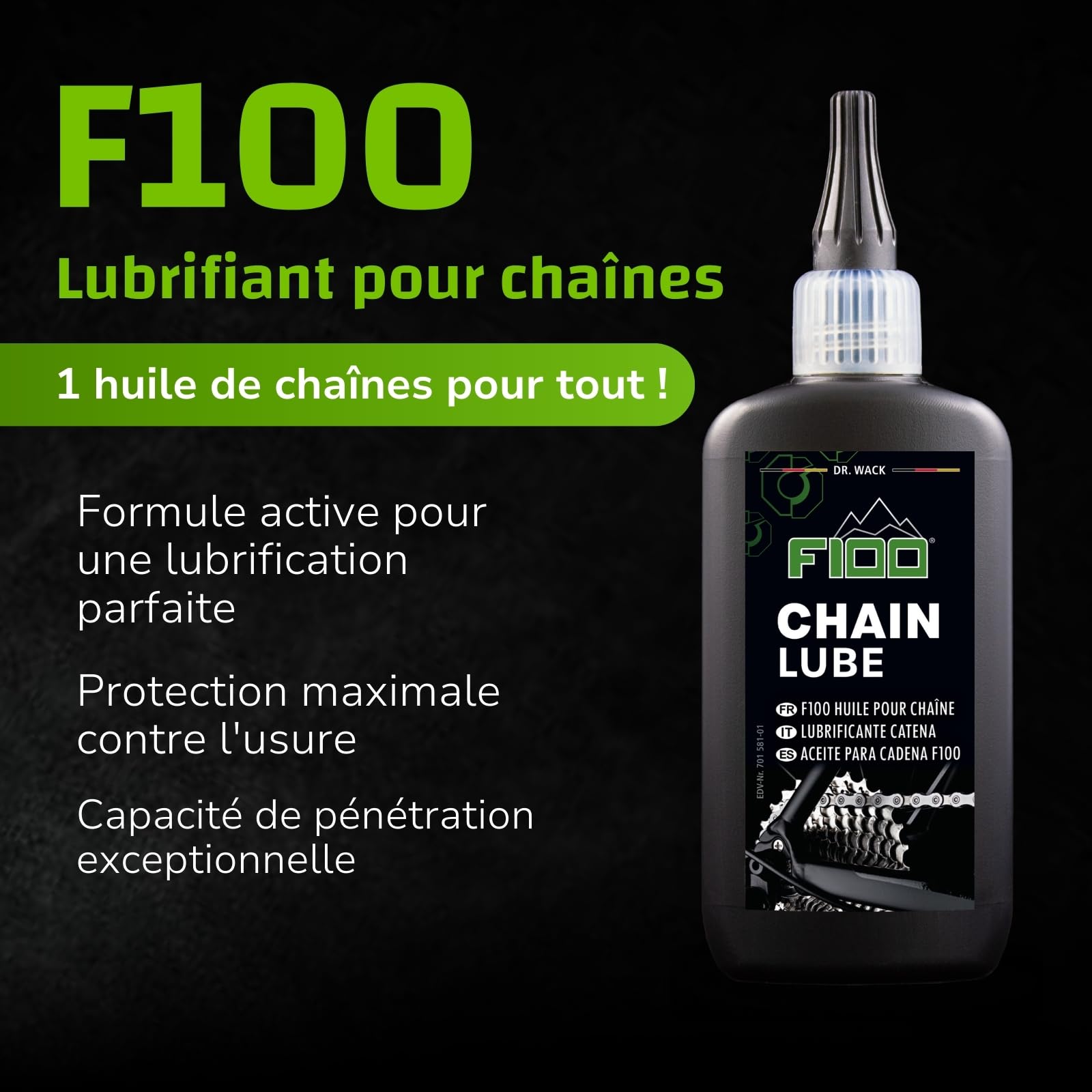 Dr. Wack - F100 Chain Lube - Lubrifiant pour Chaîne de Vélo - Protection Haute Performance contre Usure et Corrosion - 90% Matières Premières Renouvelables - Fabriqué en Allemagne - Flacon 100 ml