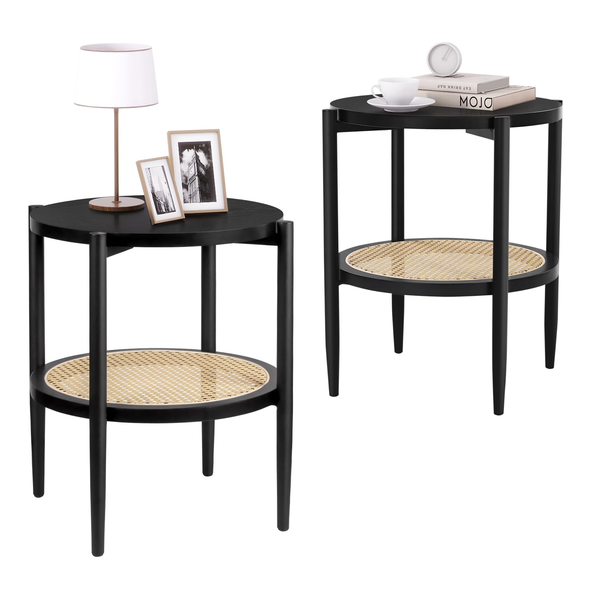 KithKasa Round Wood Side Table Set of 2, Mid Century Modern Black MDF Small End Table with Rattan Storage, 2-Tier Nightstand Bedside Table for Living Room,Bedroom, Small Space