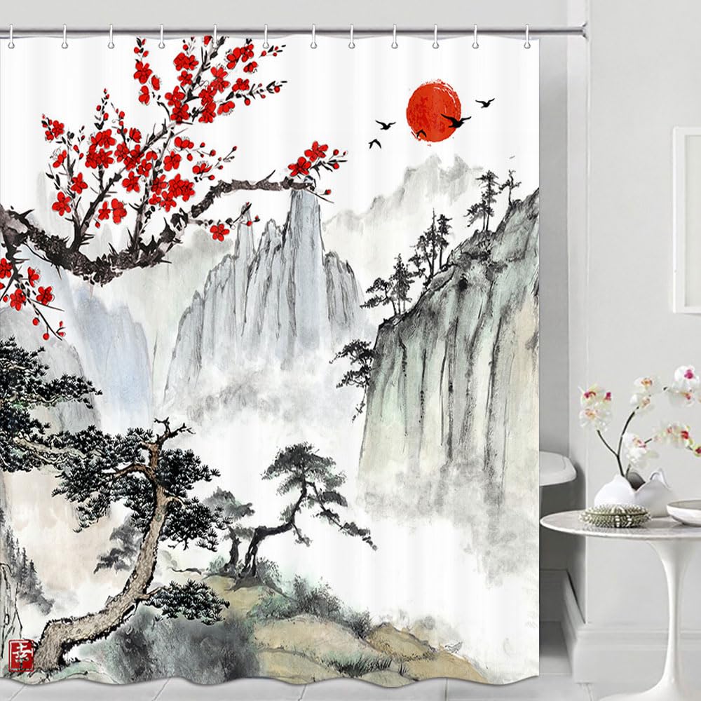Japanese Shower Curtain for Bathroom,Cherry Blossom Red Sakura Floral Ink Painting Chinese Asian Themed Bathroom Decorations,Black White Red Flower Mountains Aesthetic Waterproof Fabric Bath Curtains