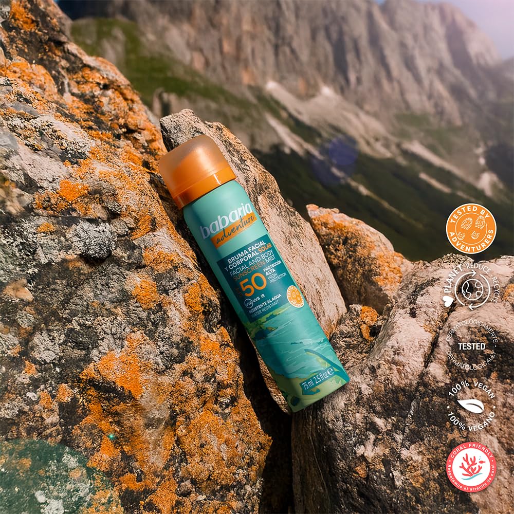 Babaria - Mgiełka do twarzy z filtrem przeciwsłonecznym 50 - limitowana edycja Adventure | Ochrona przeciwsłoneczna na twarz 50 75 ml | Nawilża i chroni aloesem i niacynamidem | Mgiełka Słoneczna o
