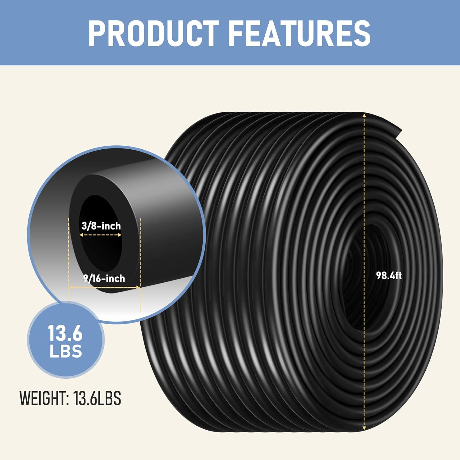 Vohala 3/8" Self Sinking Aeration Hose Pond Aerator Hose Kit Weighted Pond Tubing Pond Air Pump Hose with Menders and Stainless Steel Hose Clamps for Pond, Water Garden and Lake Aeration (100ft) (1)