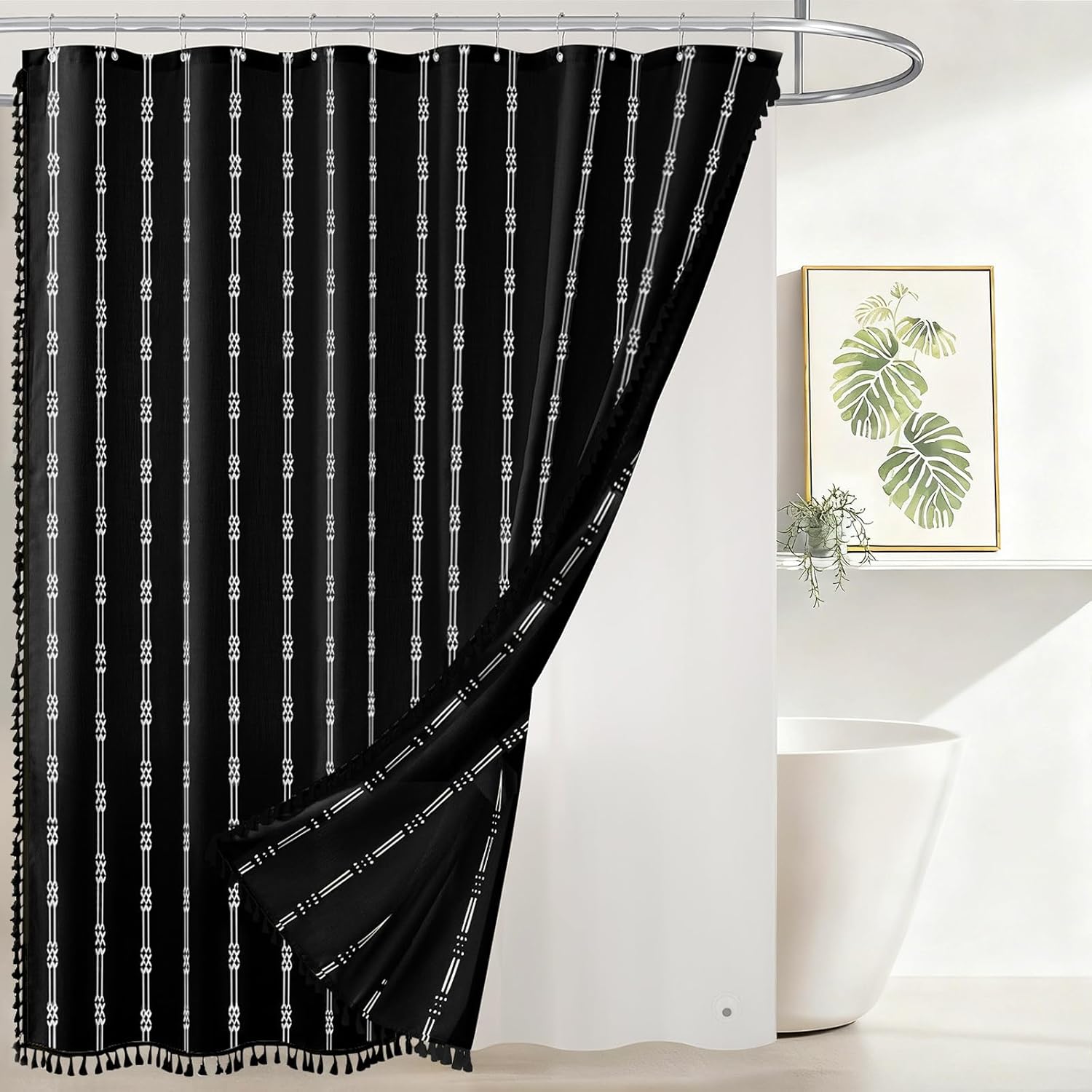 downluxe Linen Texture 3 in 1 Farmhouse Shower Curtain Set with Tassel, Boho Fabric Shower Curtains for Bathroom, Black, 36W x 72L