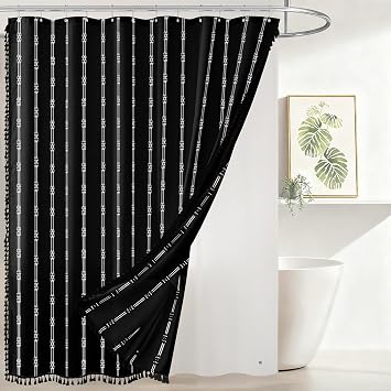downluxe Linen Texture 3 in 1 Farmhouse Shower Curtain Set with Tassel, Boho Fabric Shower Curtains for Bathroom, Black, 72W x 72L