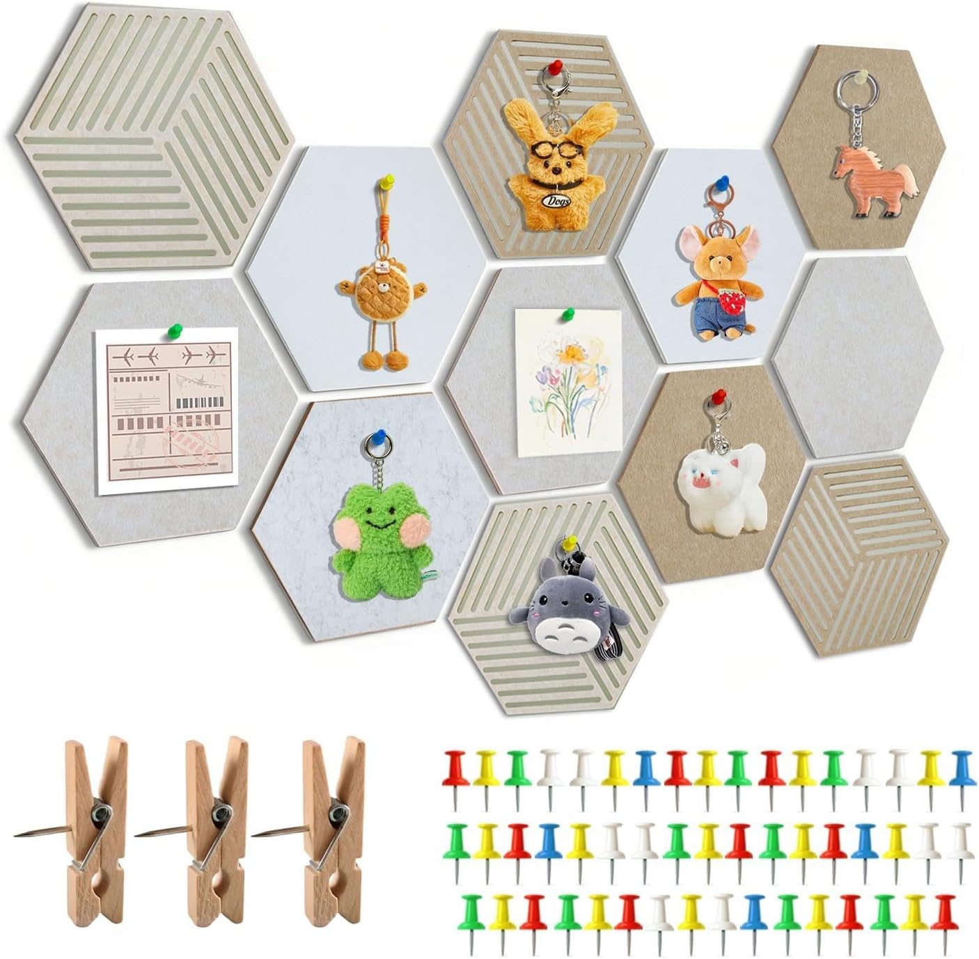 12PCS Hexagon Cork Board Tiles, with 85 Color Pushpins, 3 Wooden Clothespins, 12x10 Inch Felt Bulletin Board Tiles, Felt Pinboard Frameless Sticky, Cork Board for Office Decor, Classrooms & Home