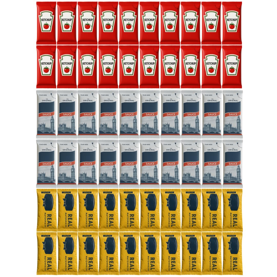 75-Pack Condiment Sachet Bundle – 25x Tomato Ketchup, 25x Mayonnaise & 25x Brown Sauce | 10ml Single-Serve Portions for Lunchboxes, Takeaways, Picnics, Camping & Hotels