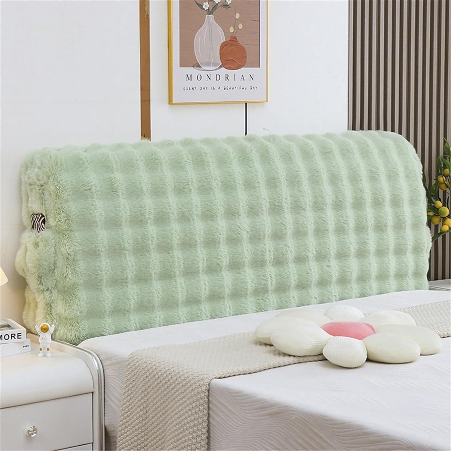 Faux Rabbit Fur & Plush Elastic Bed Headboard Slipcover Protector Cover, Ultra Soft Fluffy Thickened Headboard Cover for King Queen Full Size, Warm Dustproof Stretchable(Green,160CM/63in)