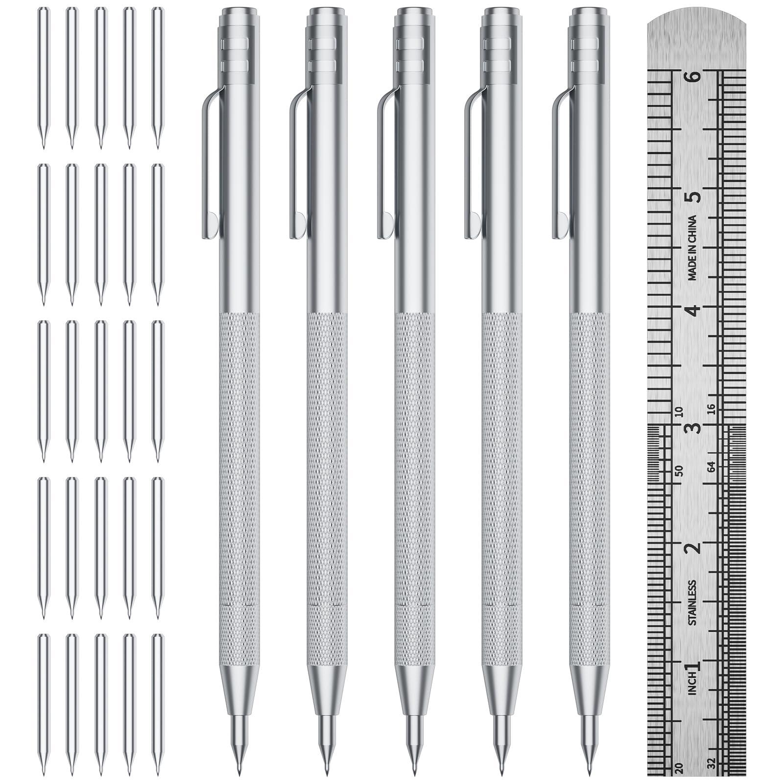GCHMDE 5-Pack Tungsten Carbide Scriber, Metal Scribe Tool with 25 Replacement Marking Tips & Steel Ruler - Knurled Aluminum Handle & Magnet, Engraving Pen for Glass/Ceramics/Metal Sheet (5)