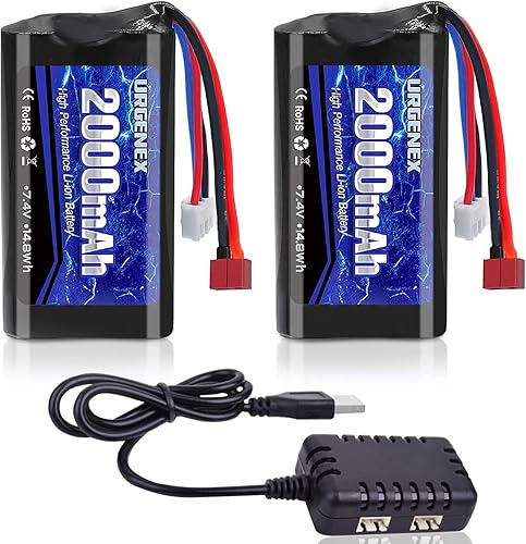 URGENEX Batería de iones de litio de 2000 mAh 7.4 V con enchufe T Deans 2S recargable RC para WLtoys 4WD de alta velocidad RC y la mayoría de los