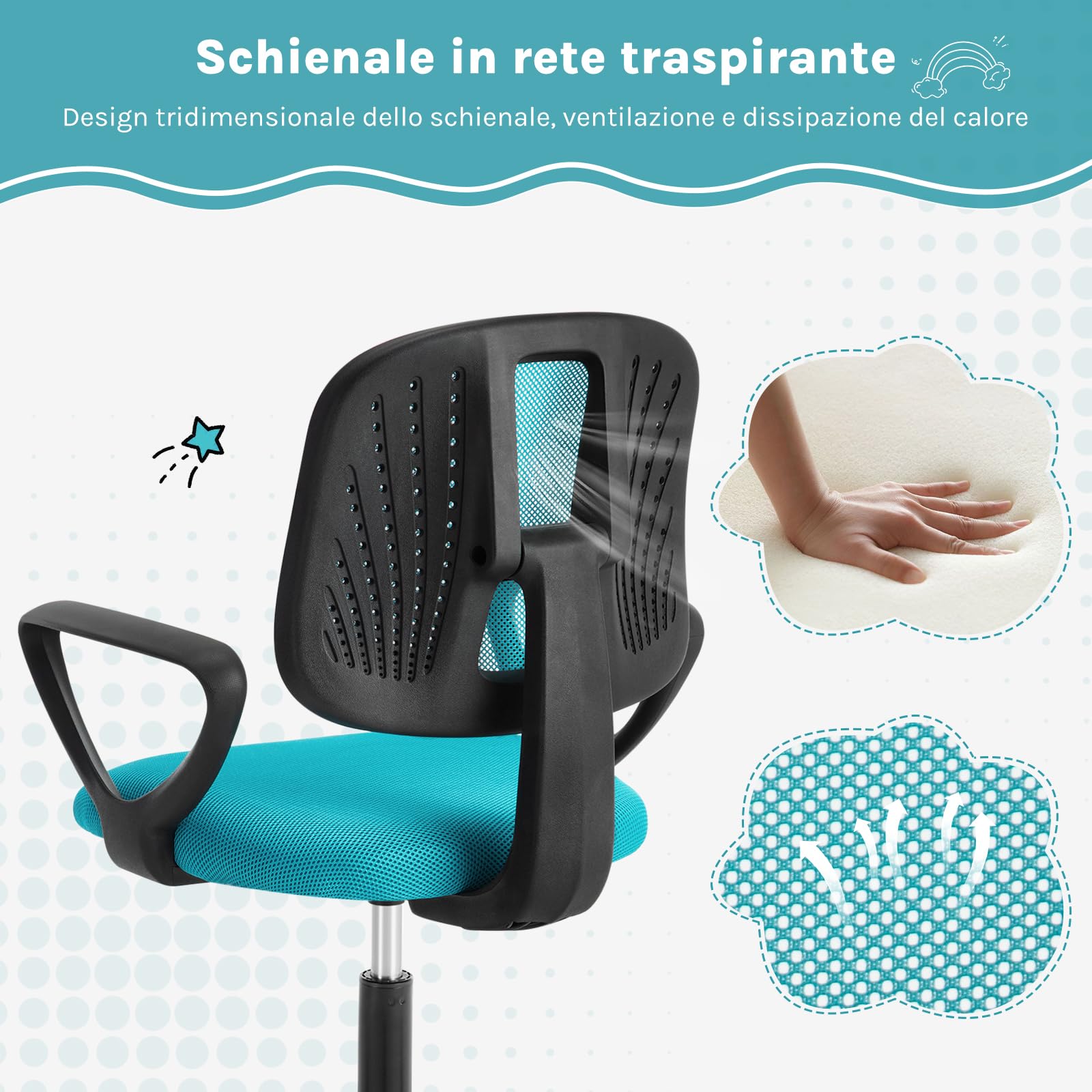 Sedia da Scrivania per Bambini, Sedia da Studio Girevole, Sedie Ergonomica con Ruote, Tessuto a Rete Traspirante, Sgabello Girevole con Schienale Regolabile Automaticamente, Turchese, K0006BS