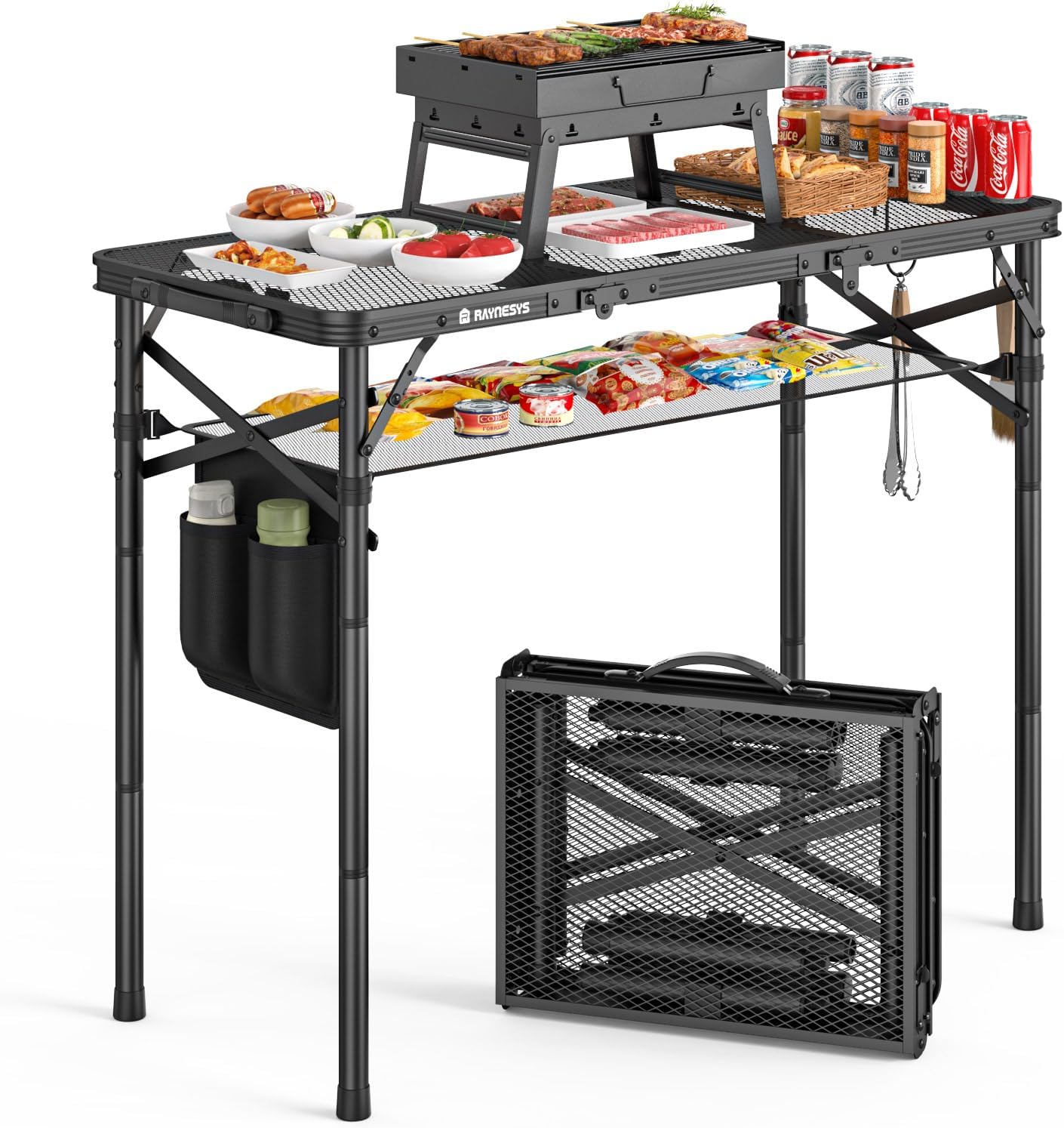 Tri-fold Camping Table, 3 Heights Adjustable Grill Table with Storage Bag, Aluminum Frame, Portable Handle for Outdoor Camping Picnic Cooking BBQ, 35.43" x 15.75", Black