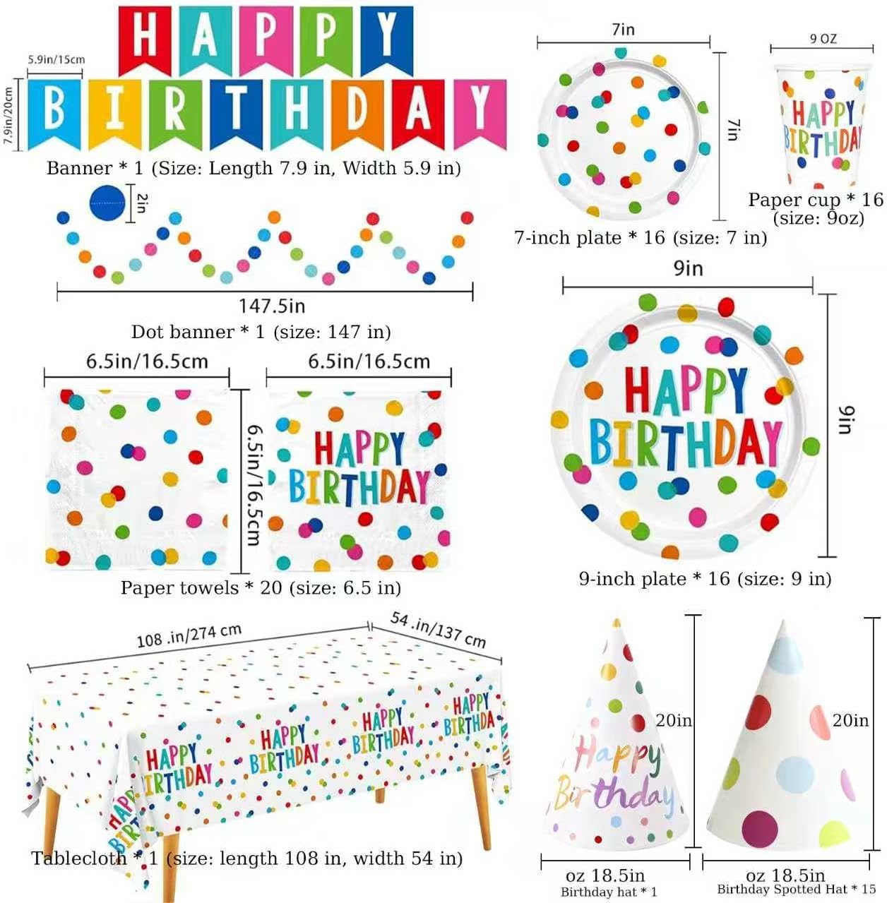 Birthday Plates & Napkins Party Supplies Set with Birthday Dots Design Banner Decorations Tablecloth Cups Napkins Happy Hats 9" & 7" Plates Tableware Kit - Image 2