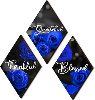 Lewtemi 3 Pcs Thankful Grateful Blessed Wooden Signs Rose Wooden Wall Decor Farmhouse Kitchen Art Decor Inspirational Wall Art Signs for Room Front Door Home,11"x7"(Royal Blue Rose)