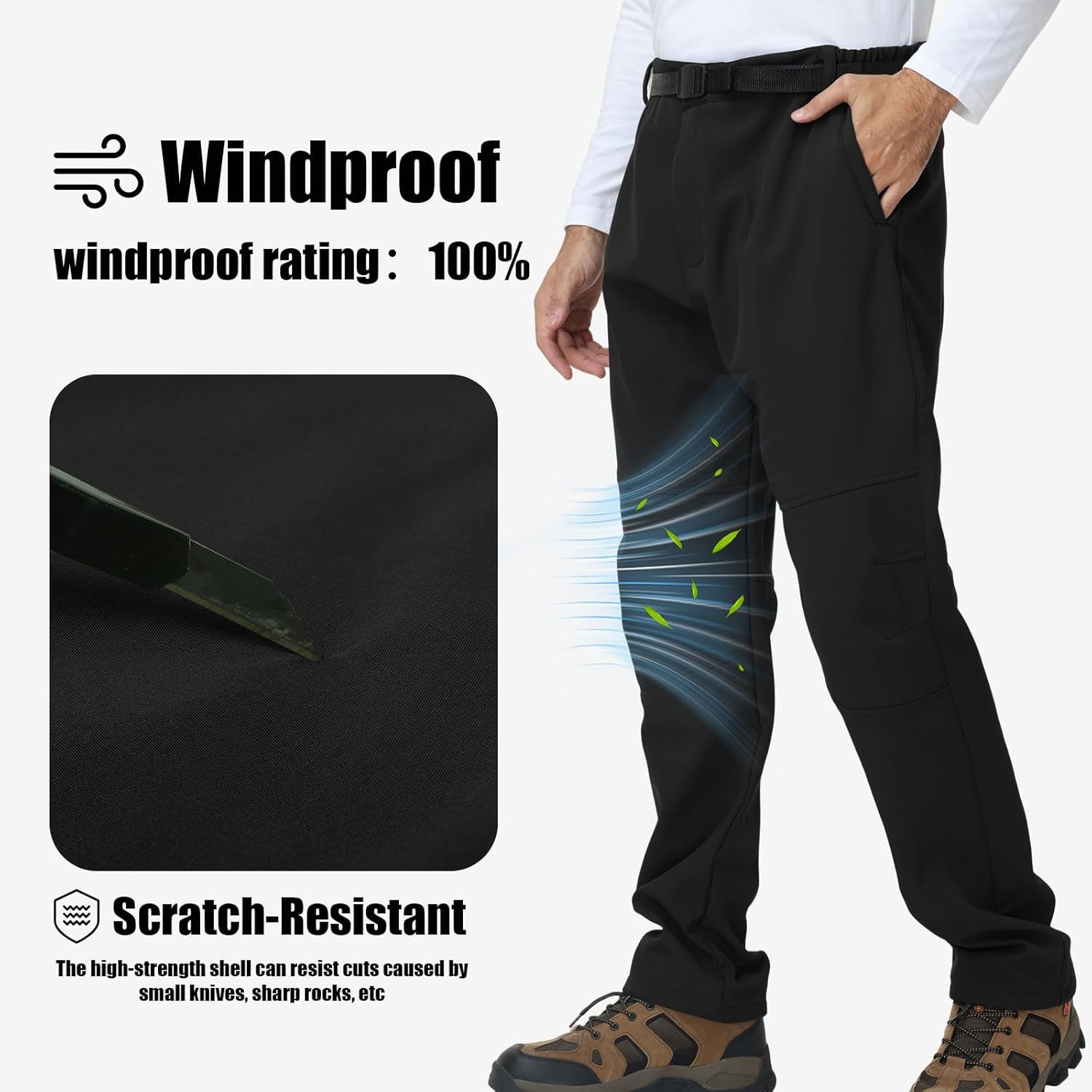 Men’s Ski Snow Pants Fleece Lined Waterproof Warm Softhell Winter Insulated Warm Cargo Snowboarding Zipper Bottom