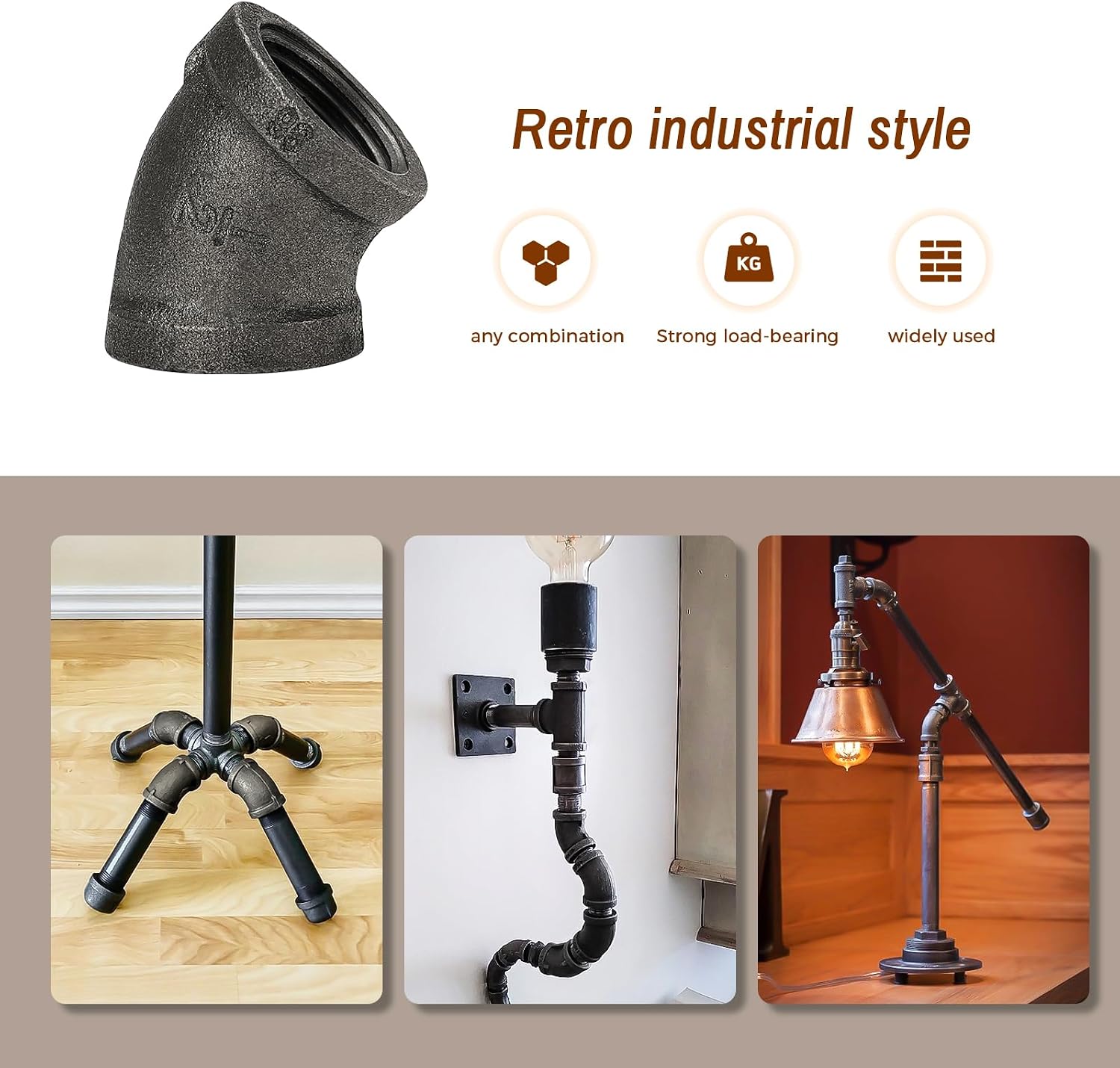 1/2" Pipe Fittings 45 Degree Elbow - Home Expert 10 Pack Malleable Cast Iron Elbow 45 Degree Threaded Pipe Fittings for Industrial Pipe Shelves Bracket, Vintage Industrial Pipe Furniture