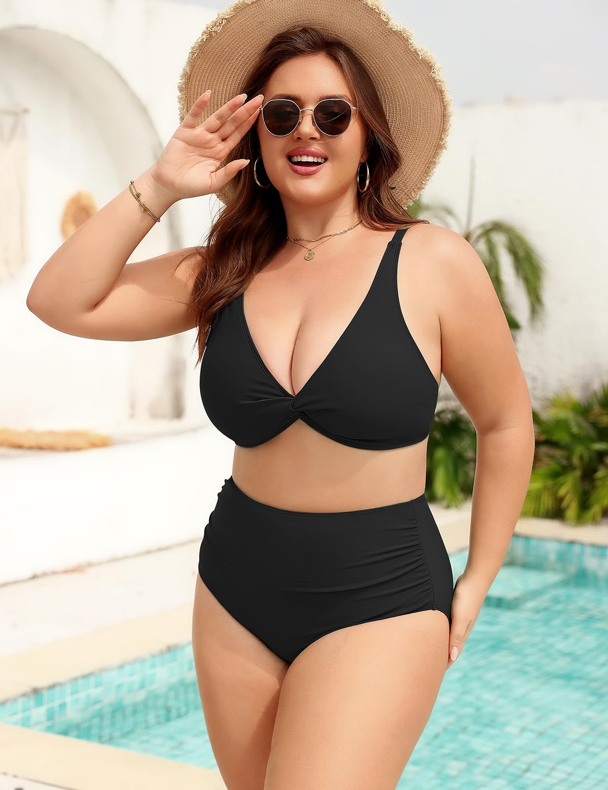 Costume Donna Due Pezzi Taglie Forti Vita Alta Costumi da Bagno Curvy Controllo Addominale Sexy Scollo a V Push Up Bikini L-4XL