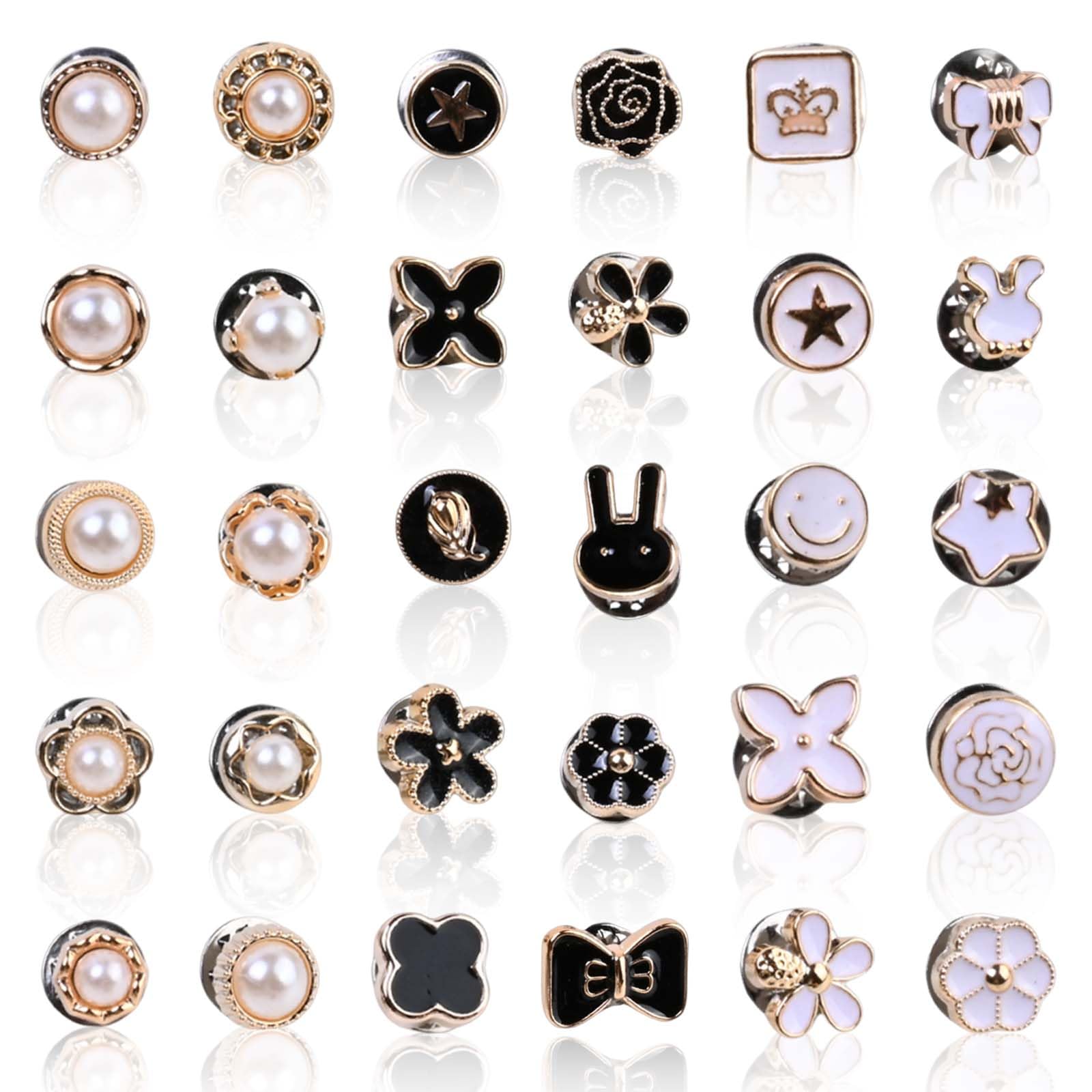 Merzio Women's Black And White 30 Pcs Brooch Pins For Modesty Pins For Low Cut Tops, No Sew Instant Buttons For Shirt Dress Safety, Prevent Accidental Exposure Button Cover For Clothes Bags Decoration