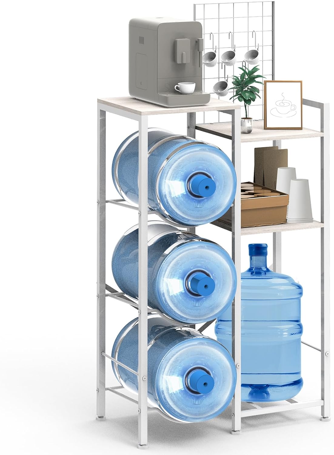 Water Bottle Holder Organizer 5 Gallon Water Jug Holder 5 Cup Hooks Heavy Duty Water Dispenser Stand Rack with Storage Shelves Water Cooler Jug Rack for Kitchen, Office, Living Room, Rustic Brown