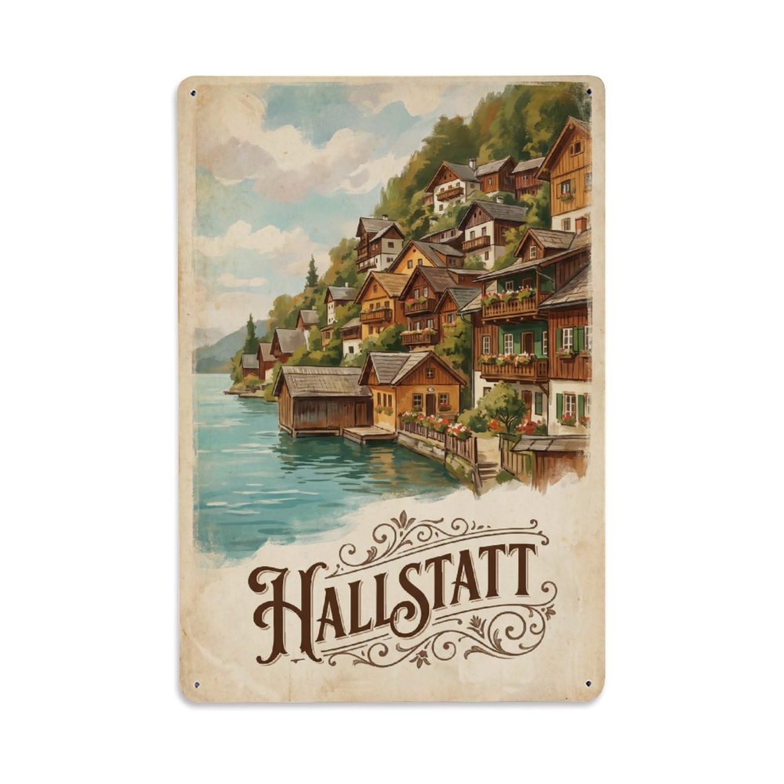 Gead 8X12inch Style Vintage Travel Austria Lakeside Village Metal Tin Sign