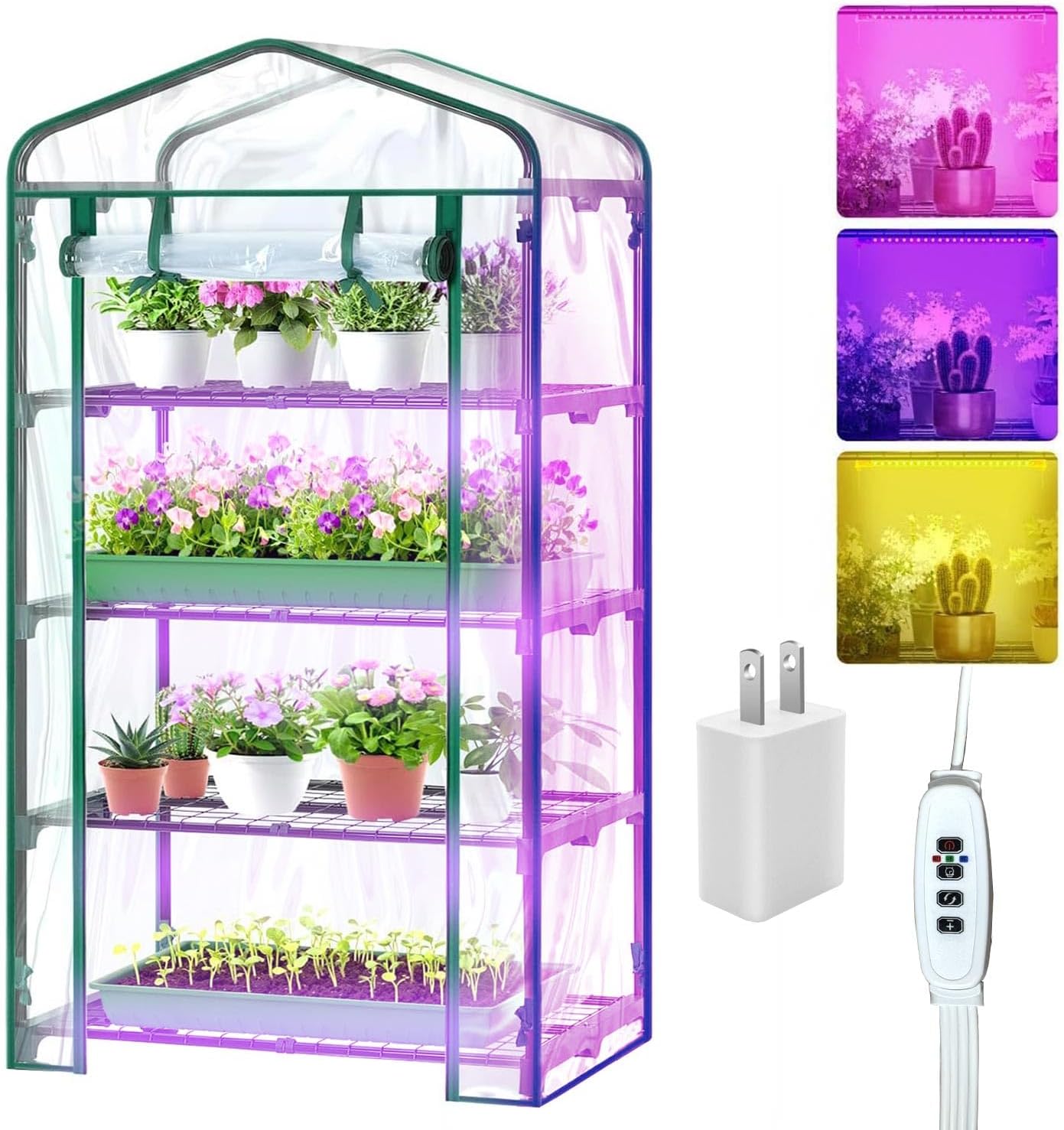Mini Green House Covers, Portable Plastic Greenhouses with Heavy Duty Transparent PVC with Plant Growing Lights (4_Tier)