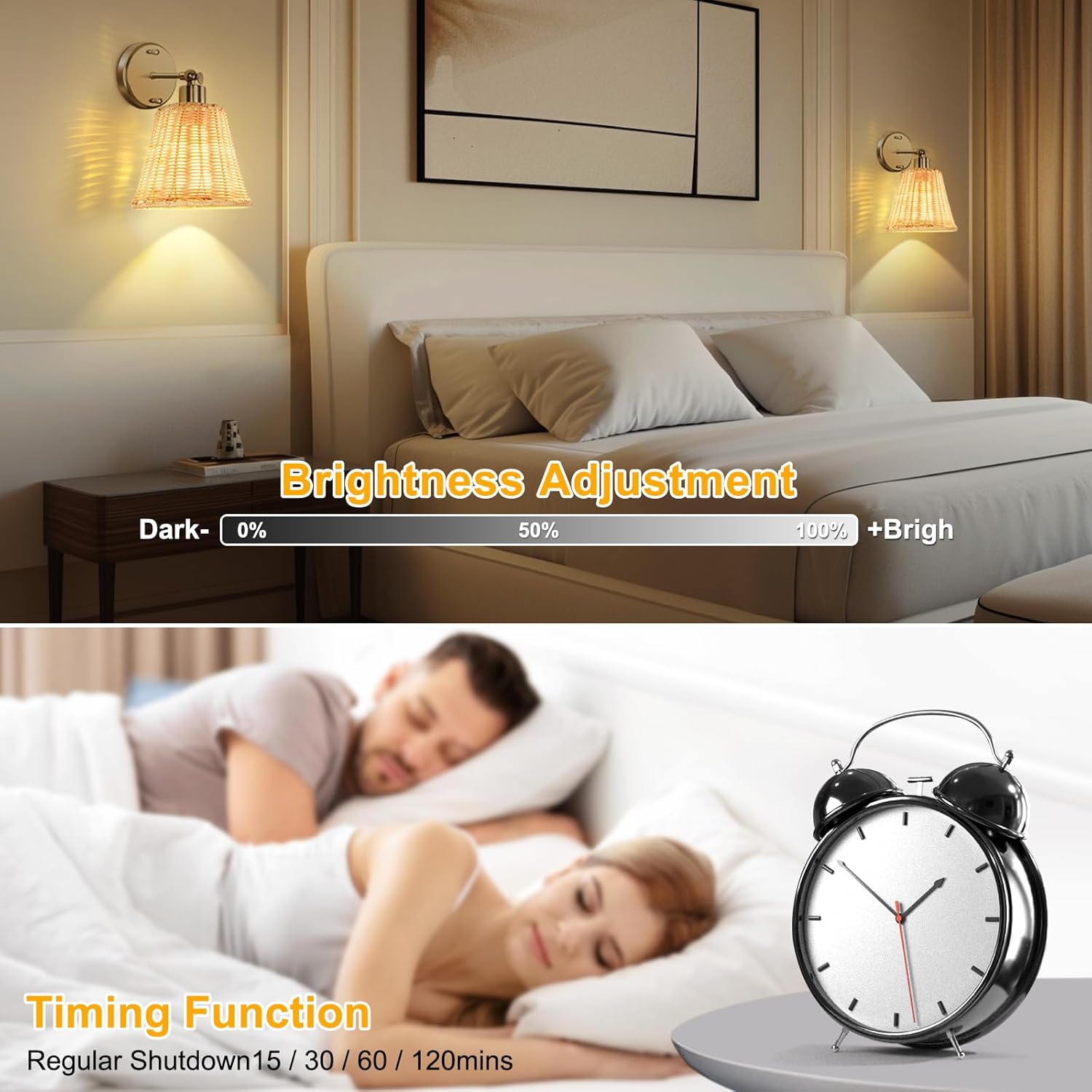 Frideko Rattan Rechargeable Battery Operated Wall Sconces Set of Two with Remote, 3 Colors Dimmable Wireless Wall Light, 5200mAh Indoor Wall Lamp with 4 Timer, Boho Sconces Wall Lighting for Bedroom