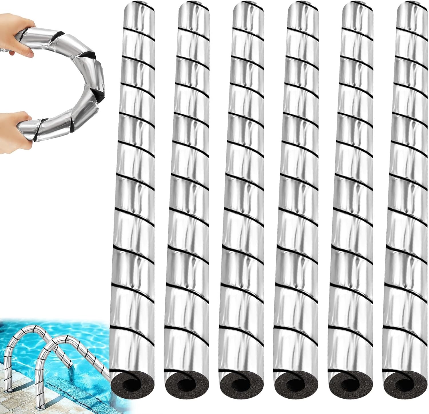 Frienda 6 Pcs Pipe Insulation Foam Tube, 12''/15'' Spiral Cut Aluminum Foil Foam Protection Wrap, Waterproof Pipe Covers for Outdoor Pipes, Bends & Irregular Handles, 1/2'' ID(12 Inches Long)