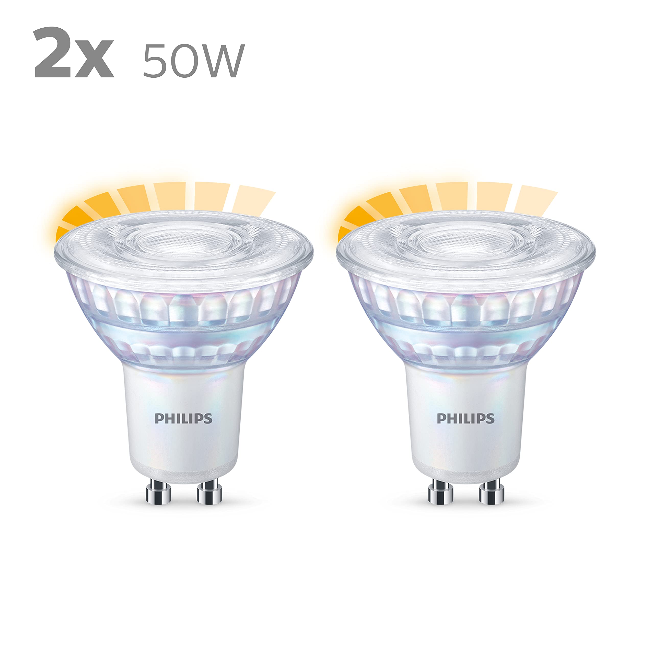 Philips Lighting ampoule LED Spot GU10 50W Transparent Compatible Variateur, Verre, 6 Unité (Lot de 1) & Philips ampoule LED Spot GU10 50W Blanc Chaud Compatible Variateur, Verre, Lot de 2