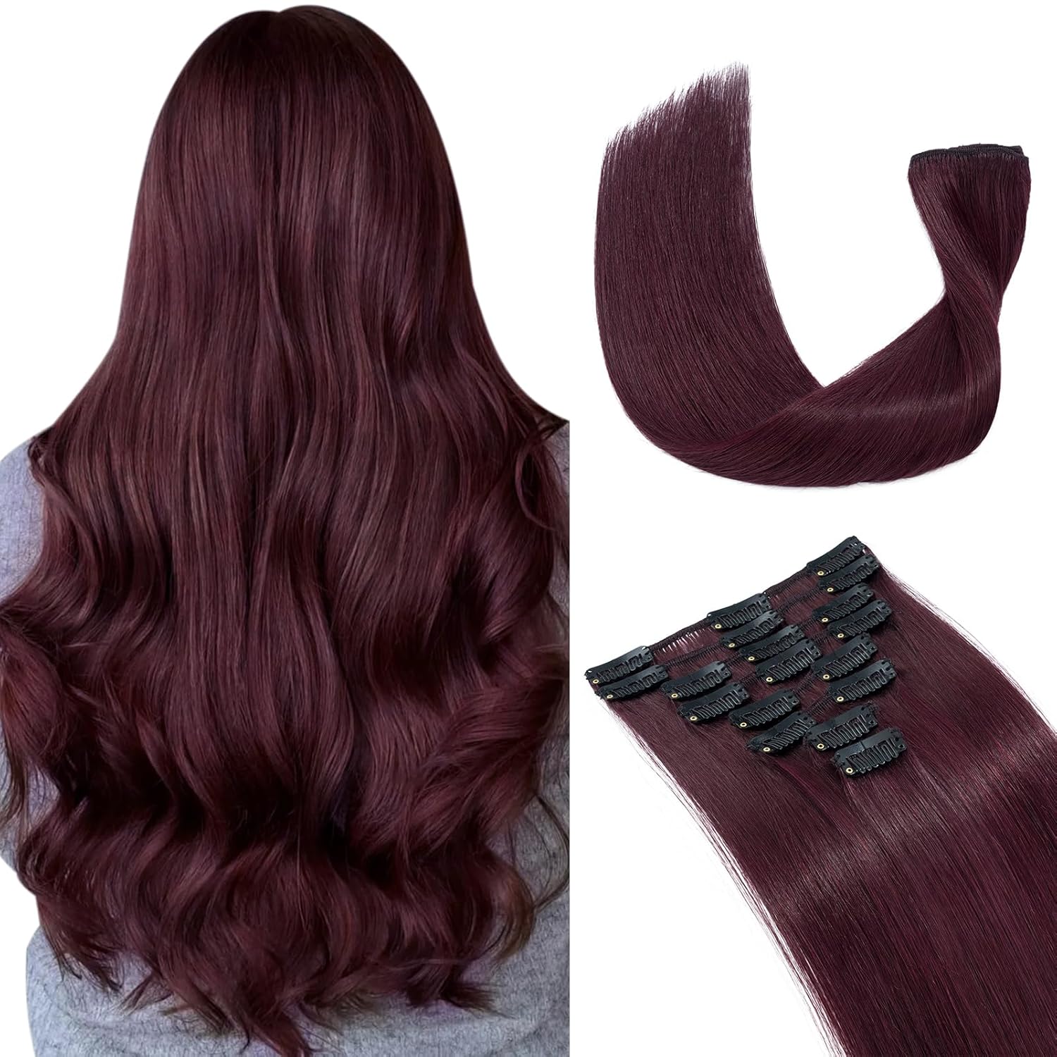 Hairro 22 Inch Clip in Hair Extensions 100% Human Hair 75g Thin 8 Pcs 18 Clips Human Hair Clip on Hairpieces Standard Weft Straight for Women Beauty #99J Wine Red Hairro 22 Inch Clip in Hair Extensions 100% Human Hair 75g Thin 8 Pcs 18 Clips Human Hair Clip on Hairpieces Standard Weft Straight for Women Beauty #99J Wine Red
