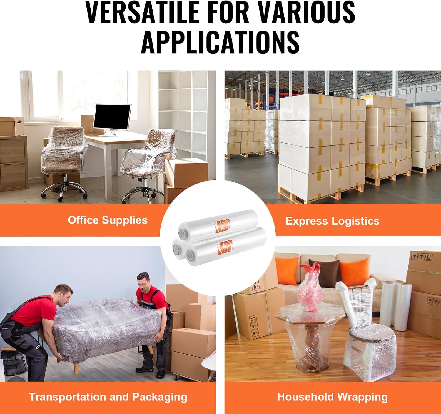 VEVOR Stretch Film, 15 inches x 1000 feet, 60 Gauge Industrial Strength Clear Durable Stretch Wrap Roll, Heavy Duty Shrink Film Stretch Wrap with Handles for Pallet Wrapping Shipping Moving, 3 Pack