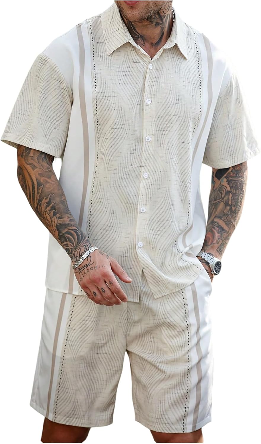 Men’s 2 Piece Striped Outfits Short Sleeve Button Down Shirts and Shorts Set