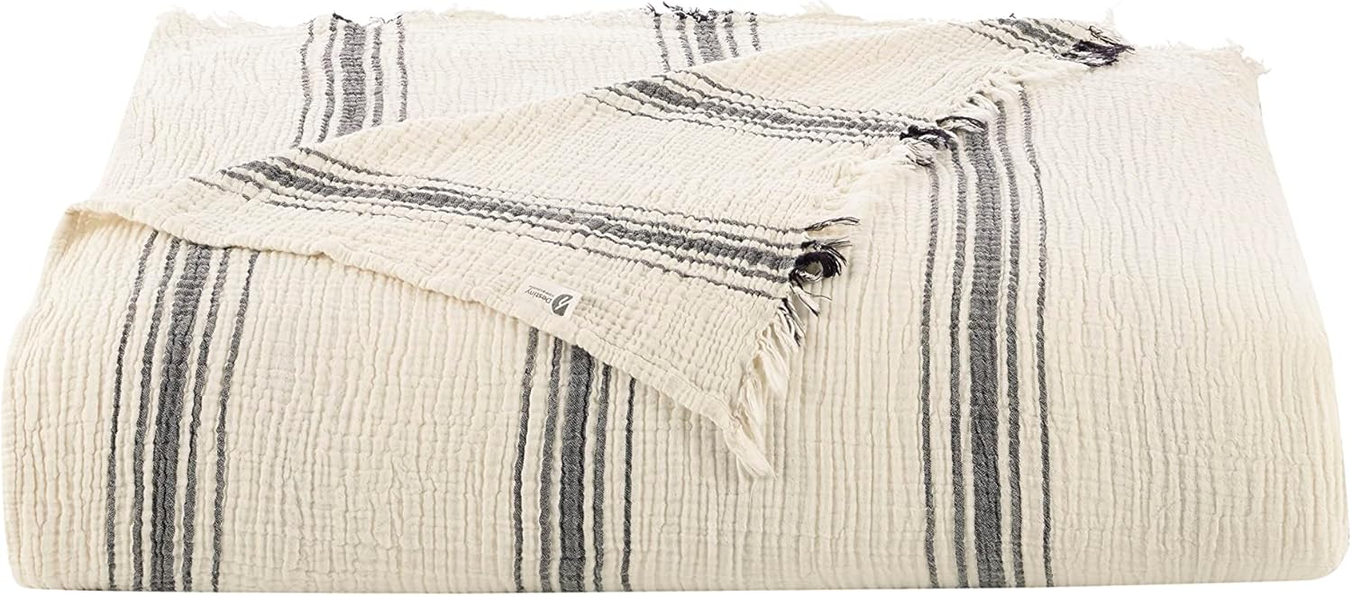 Handmade Bohemian 4-Layer Gauze Bedspread Only, 100% Organic Cotton Muslin, Breathable Lightweight Coverlet, Natural Undyed Ivory with 5 Black Stripes, King Size, Made in Turkey