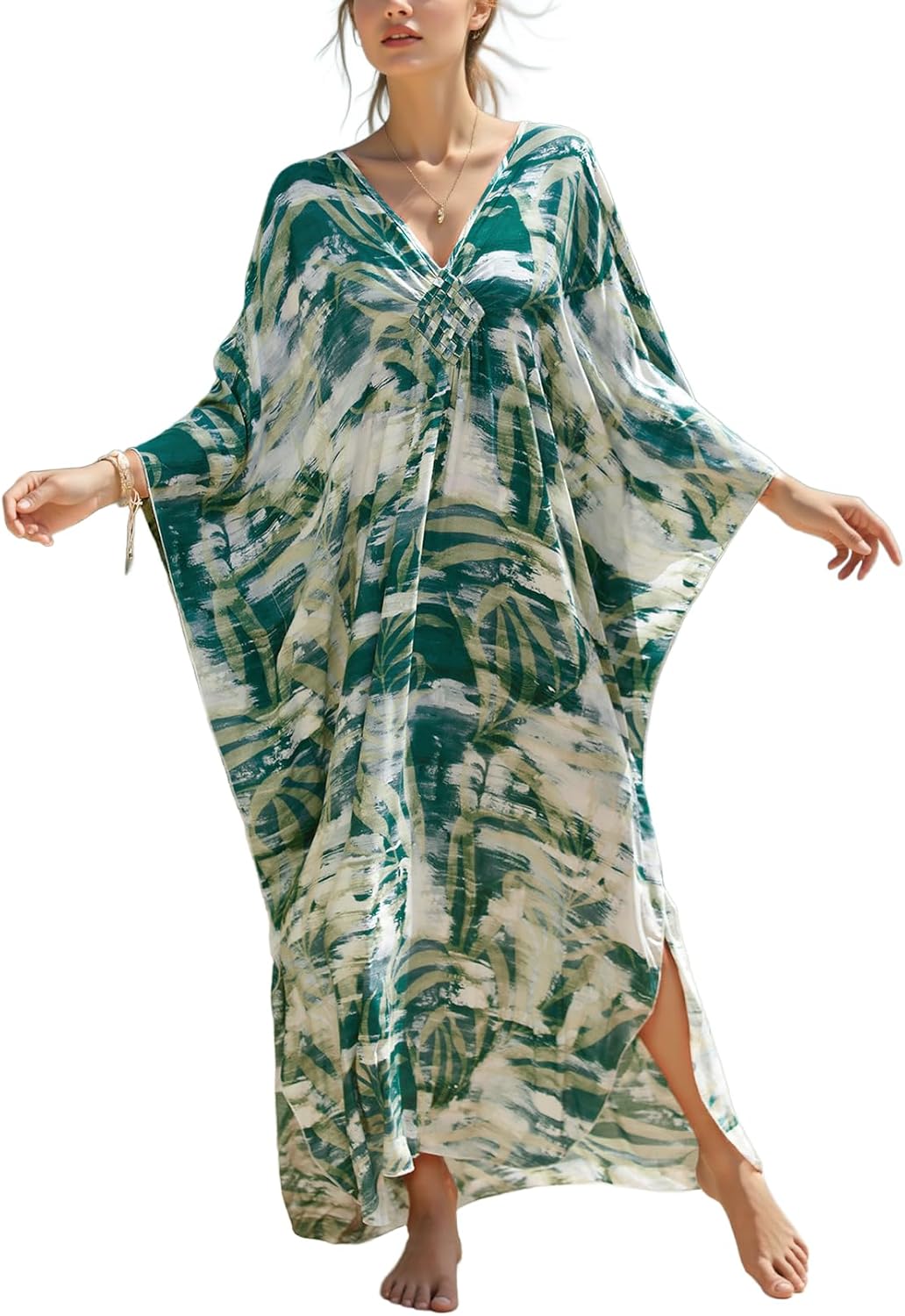KECVOT Women's Plus Size Kaftan Dress - Batwing Sleeve Long Beach Cover Up Maxi Dress Swimsuit Cover Loungewear