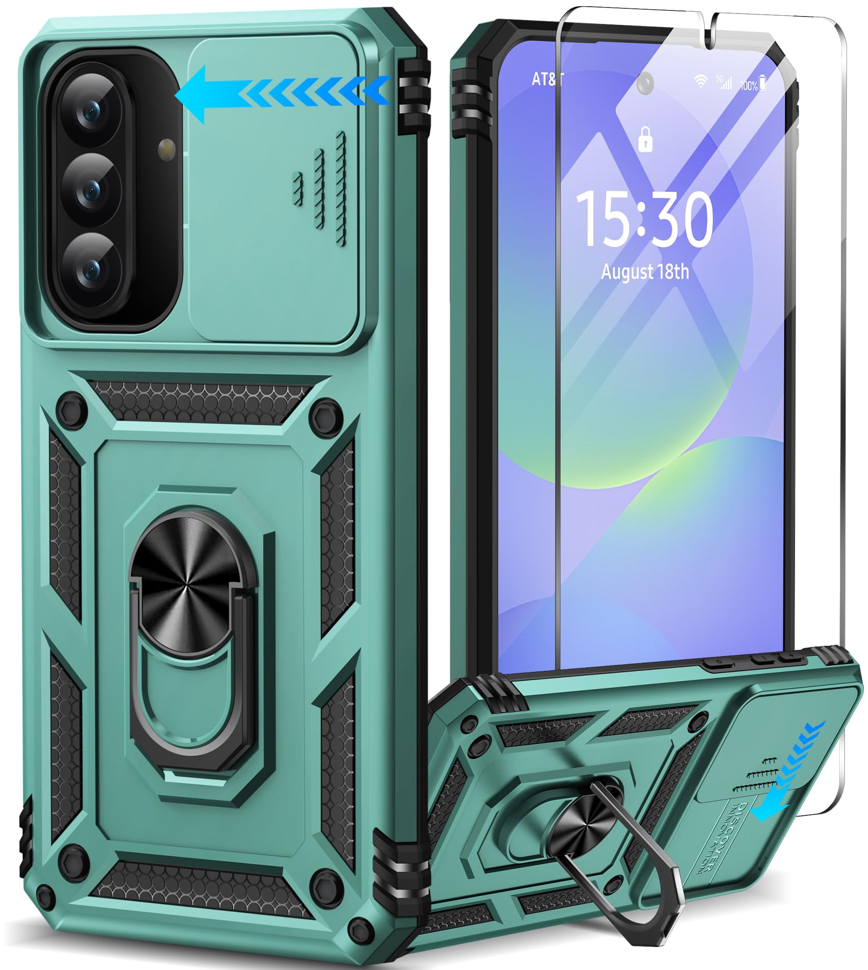 Taisairu for Samsung Galaxy A36 Case with Screen Protector & Slide Camera Lens Cover, Built-in 360°Rotate Ring Stand Shockproof Protective Case for