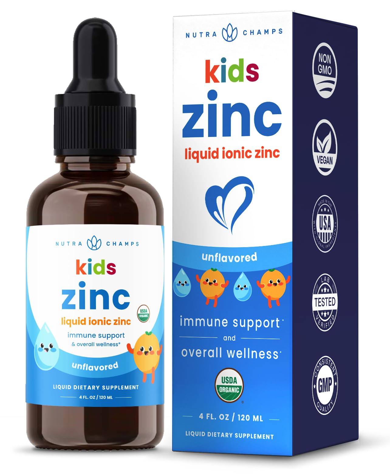 NutraChamps Liquid Zinc Drops for Kids, Ionic Zinc Drops Enhanced with Vitamin C for Children, Sugar-Free 4 oz, Vegan & Non-GMO, Tangerine, 60 Servings, 2 Month SupplyUSDA Organic