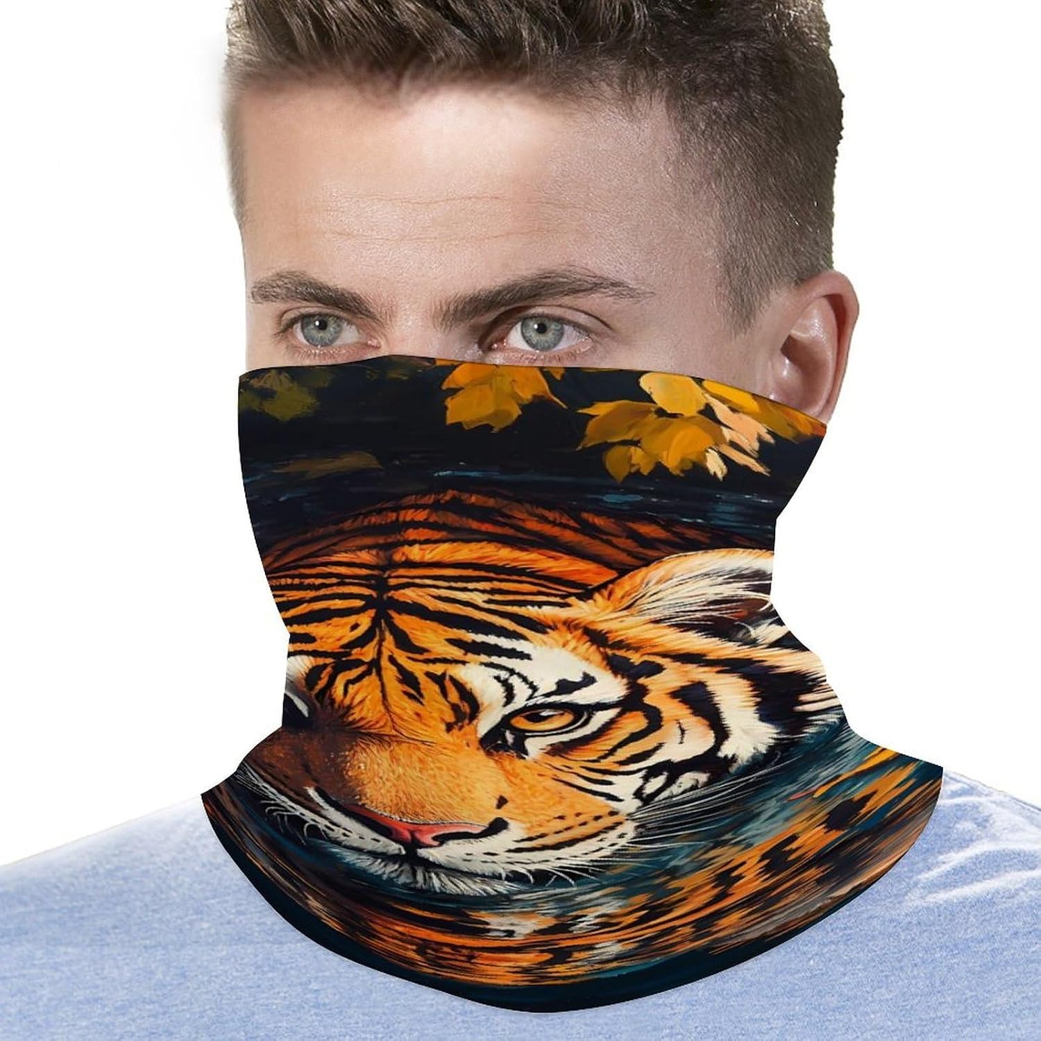 Tiger Swimming in Autumn Neck Gaiter Windproof Face Mask Bandanas for Men Women Cold Weather Scarf