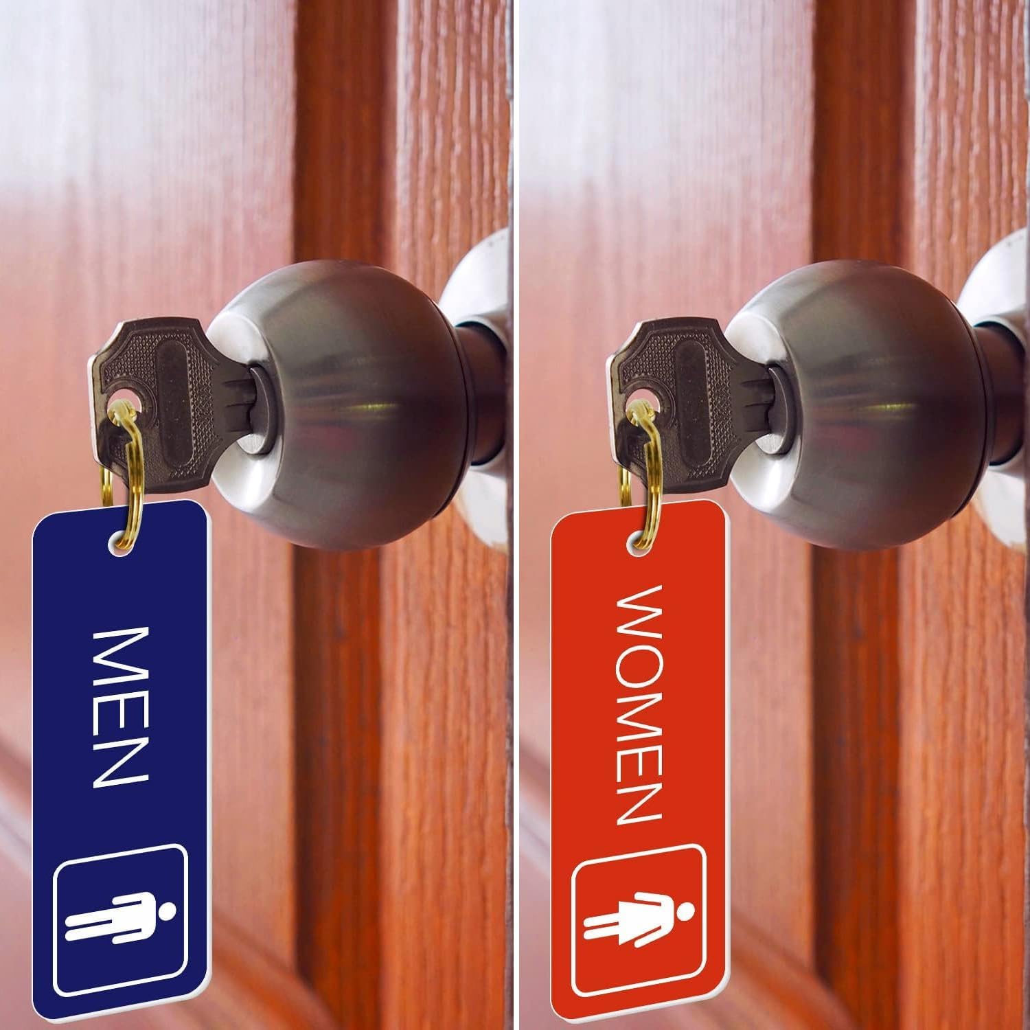 SmartSign (2-Pack) Engraved Men and Women Restroom Keychain or Key Tag, 1.75" x 5", 122 mil Plastic, Double-Sided, with Brass Key Ring, Crack-Resistant, White on Blue and Red Tags, Made in USA