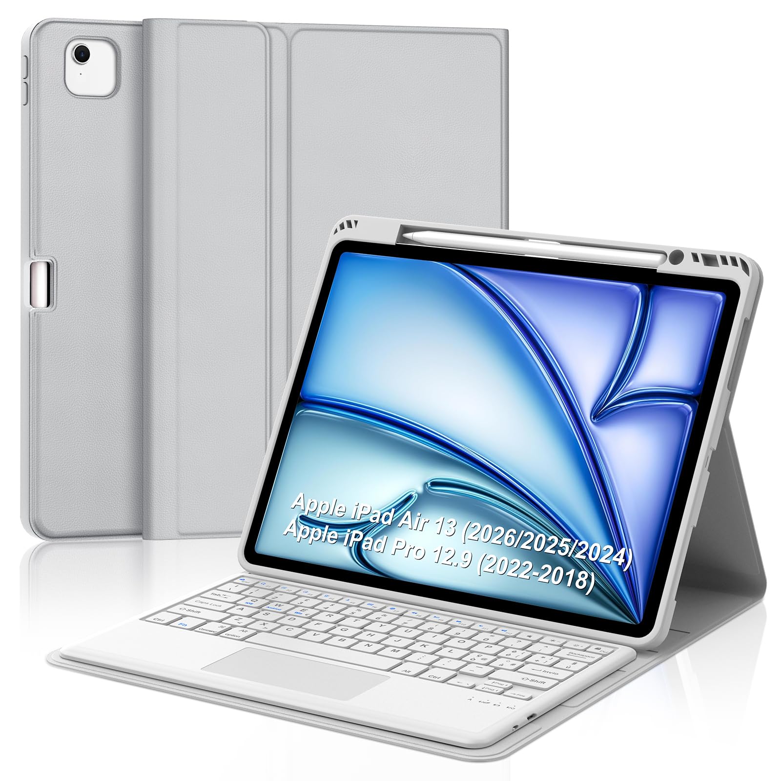 Per iPad Air 13 M4 2026/M3 2025/M2 2024 e iPad Pro 12.9 2028-2022 Tastiera | Custodia Tastiera Bluetooth Rimovibile con Touchpad per Ufficio/Studio/Scrittura, Keyboard Wireless Portatile, Grigio