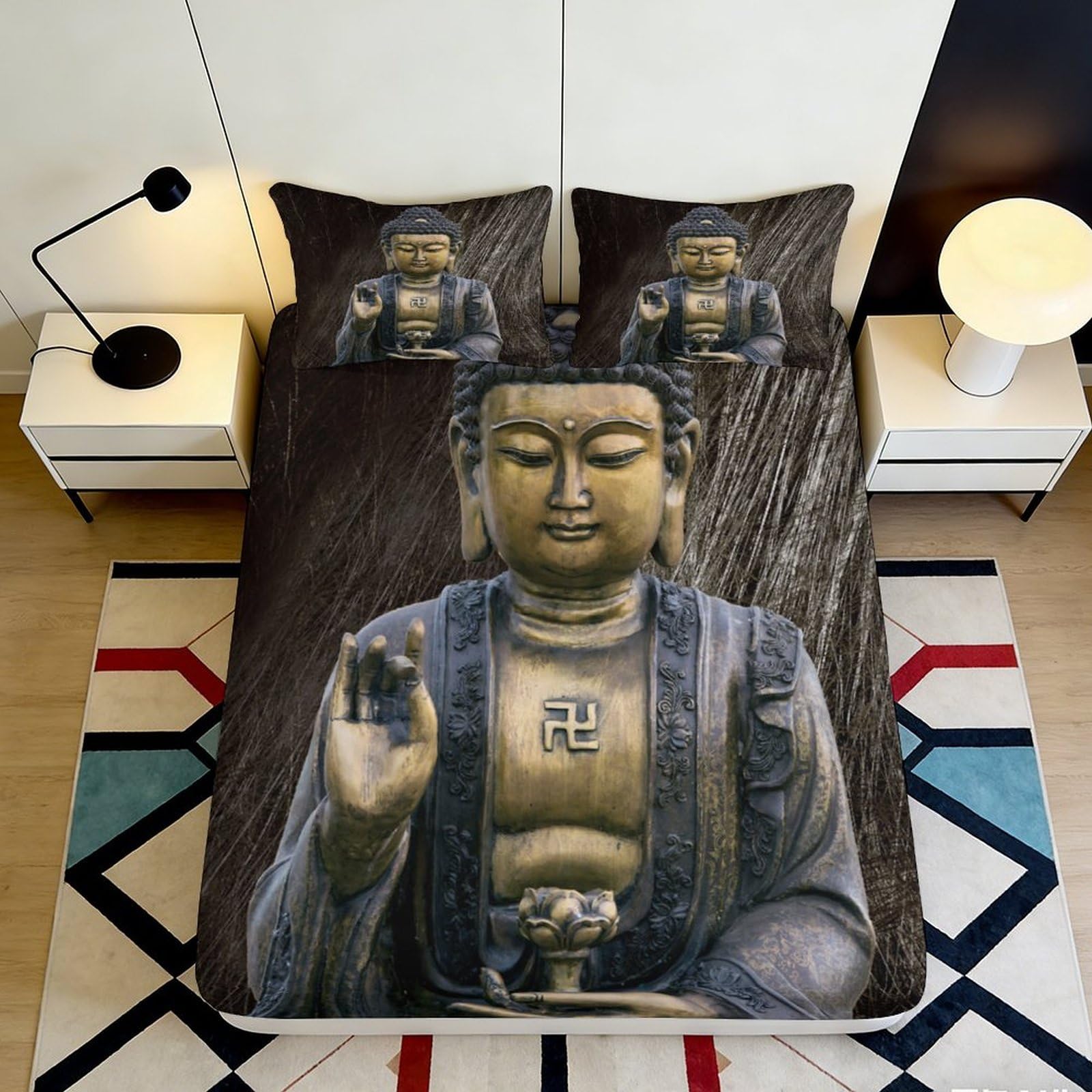 3D Printed Buddha Statue Fitted Sheet Microfiber Soft Breathable Zen Temple Bed Cover for Bedroom Dorm Decor 90x200x25cm