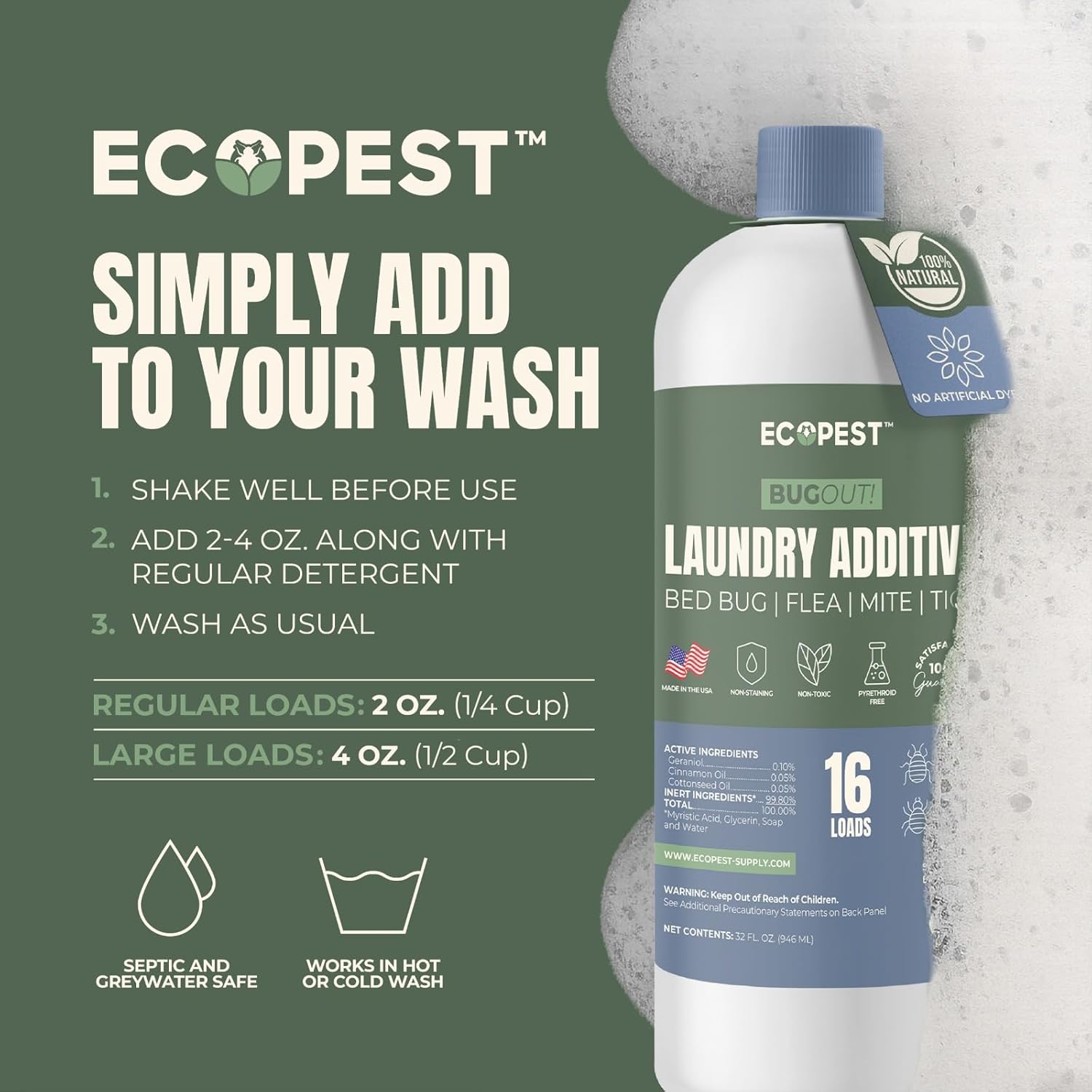 BugOut! Laundry Additive – Natural Detergent Booster for Bed Bug, Mite, Flea, Tick & Carpet Beetle Treatment | Plant-Based Killer, Made with Fabric-Safe Soap | Works in Hot and Cold Wash (32 Oz)