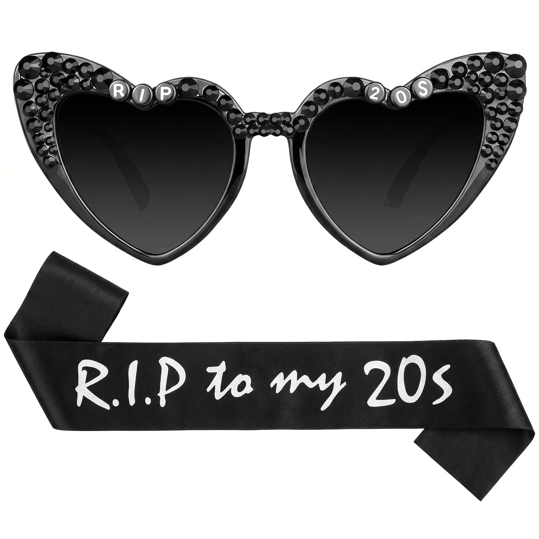 MYHOGOOD 30th Birthday Glasses with Sash, Heart Shaped Novelty Sunglasses, Funny Rip 20s Party Decorations, Black Rhinestone Photo Props for Women