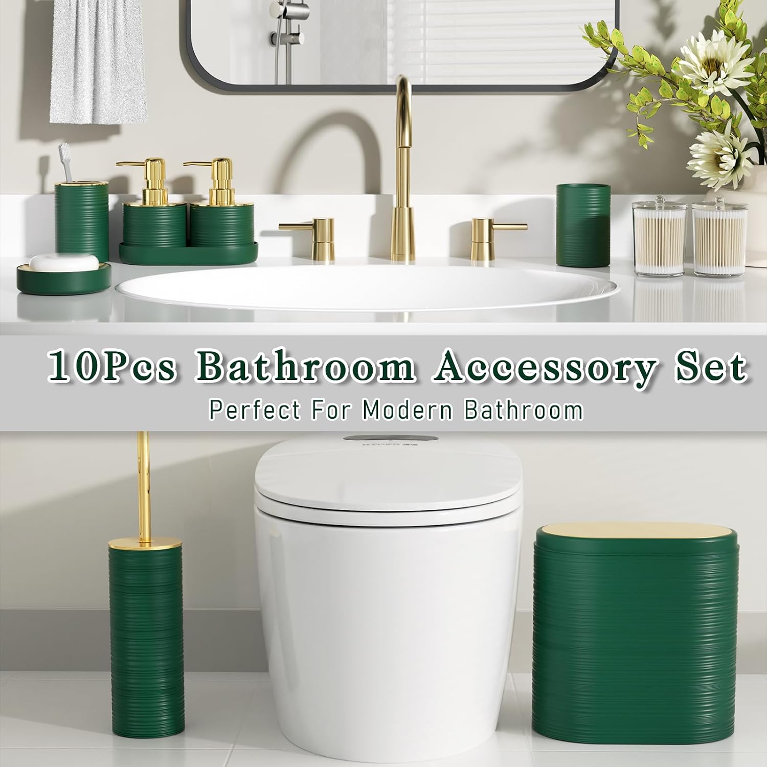 Bathroom Set, 10PC Bathroom Accessory Set, Green Bathroom Accessories, Green and Gold Bathroom Set with Trash Can, Soap Dispensers