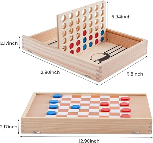 Miniatura 4 de Kaas Juego de ajedrez y damas de madera 5 en 1 para niños y adultos, ajedrez, damas, juego de disco, juego de cierre de caja, juego de cuatro en