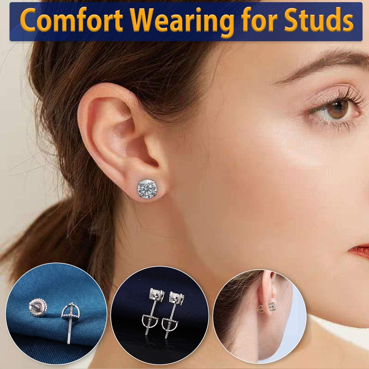 Silver Secure Screw on Earring-Backs Replacement for Diamond Earring Studs, 3 Pairs 18K Gold Hypoallergenic Screwbacks Locking for Threaded Post( 0.032'')