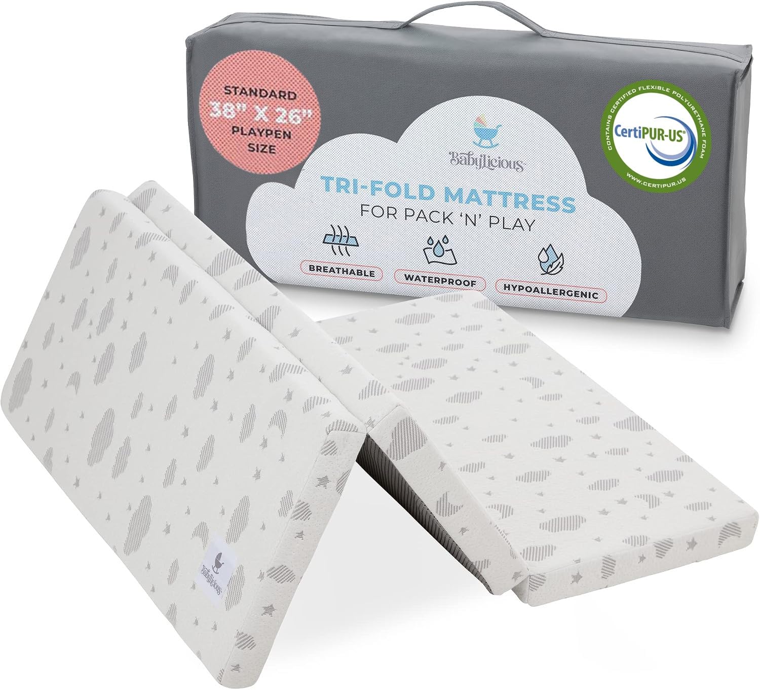 Pack and Play Mattress Topper | 38" x 26" Trifold Soft Foam