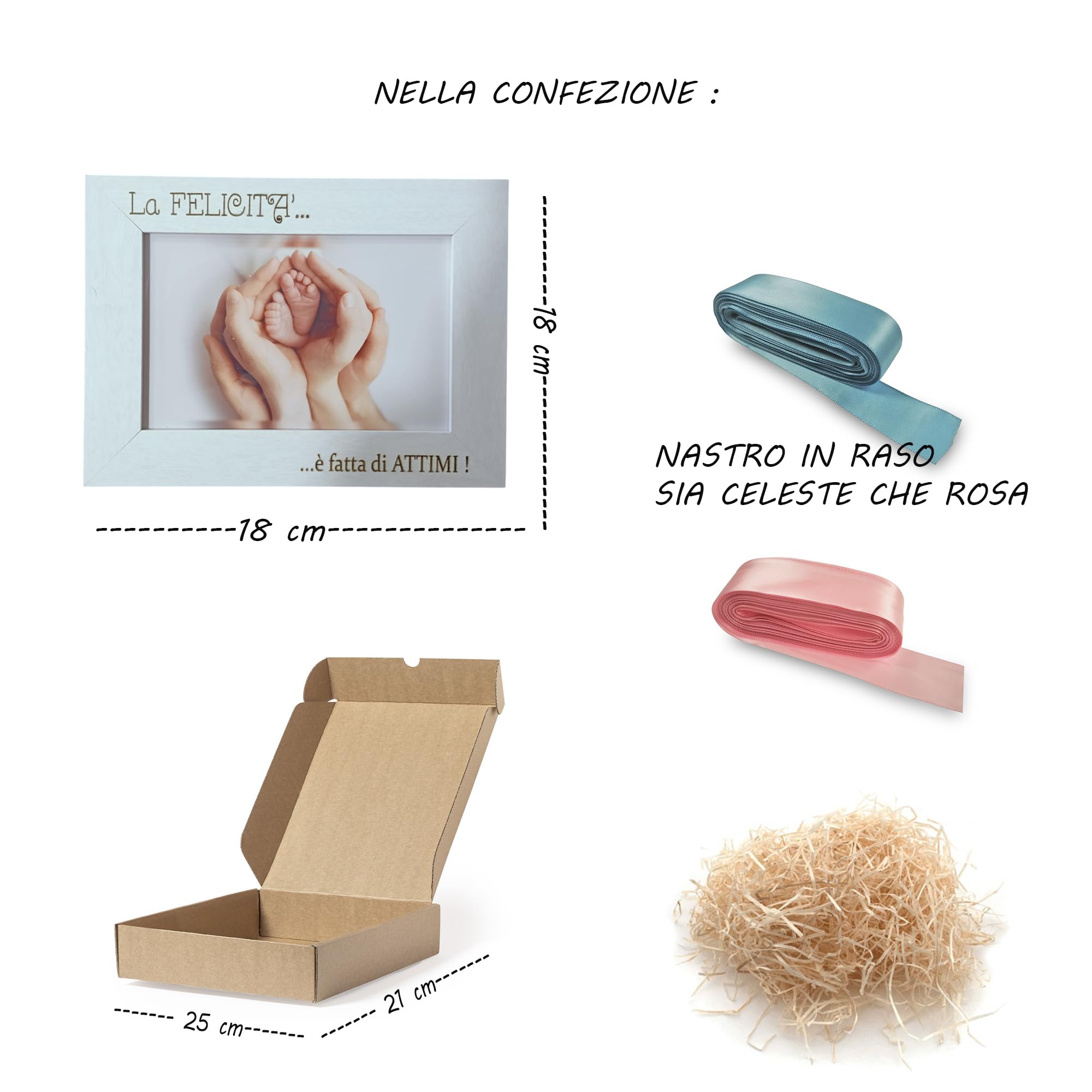 Bomboniere Battesimo Maschio Bomboniere Battesimo Bambina Cornice in Legno Naturale o Bianca Regalo Nascita in Scatola con Fiocco Regalo Neonato con Incisione Frase Felicità13x18 cm (15 pezzi)