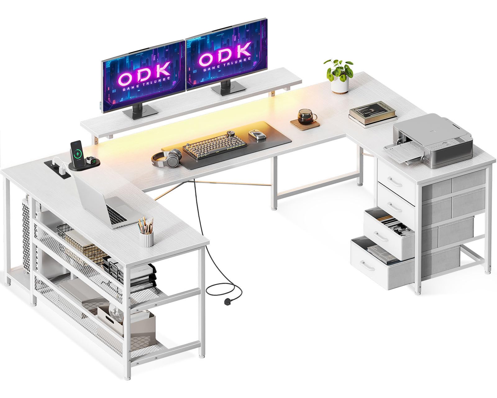 ODK Escritorio con Cajones, Escritorio Esquinero Reversible con Regleta, Escritorio Gaming con LED y Soporte para Monitor para Oficina en Casa, 167×102 cm, Todo Blanco