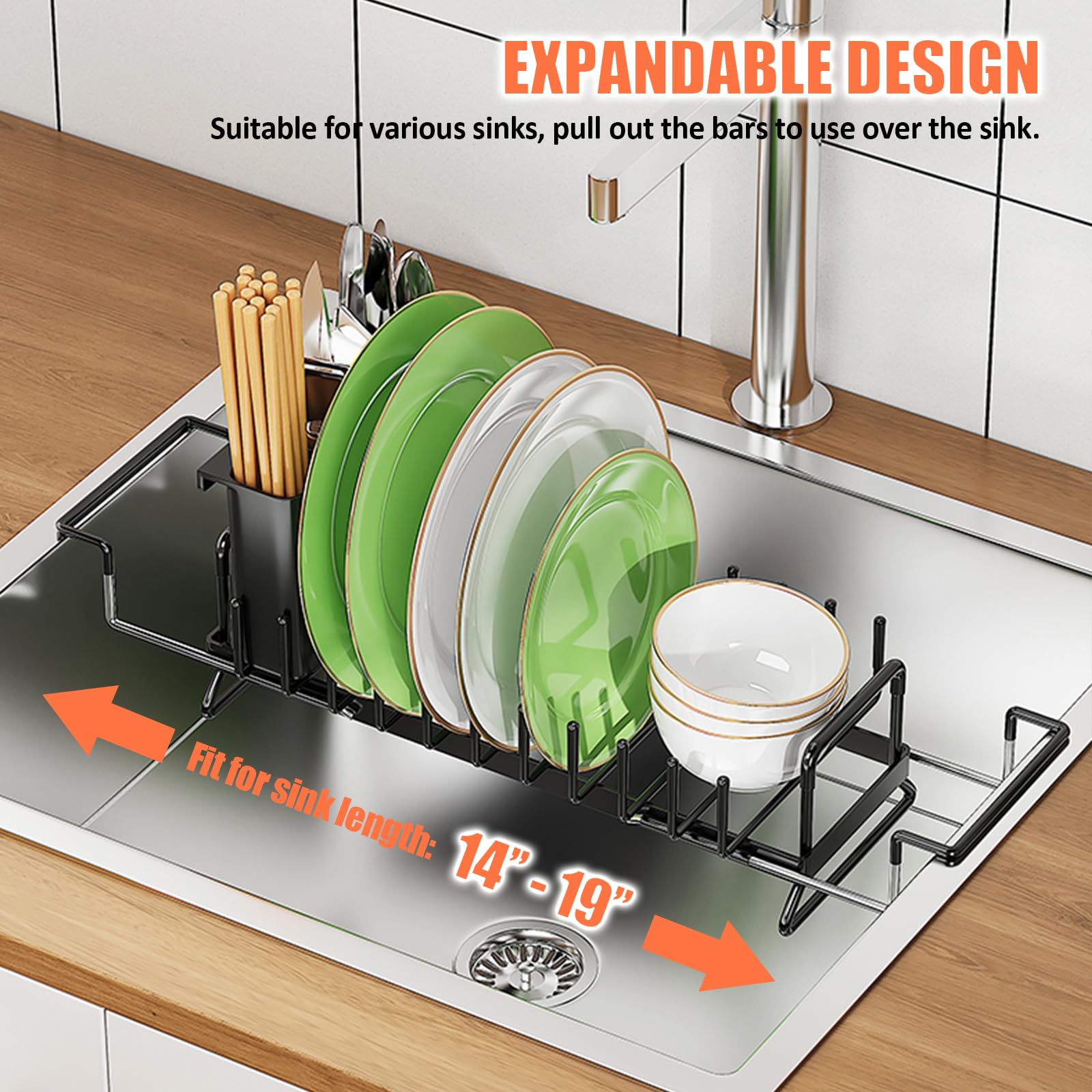 Piccolo scolapiatti telescopico sopra il lavello, scolapiatti con vassoio in silicone per scolapiatti per lavello da cucina e piano di lavoro organizer per stoviglie