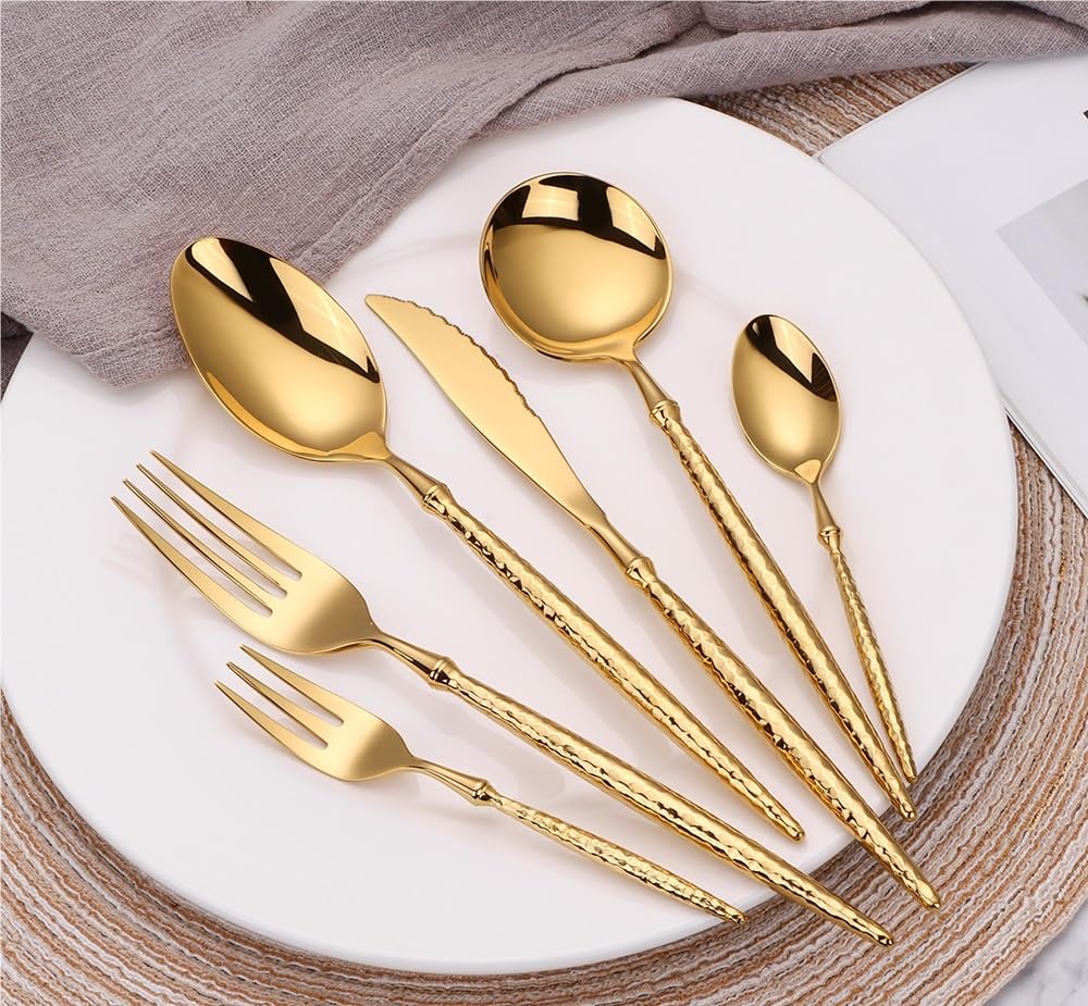 OLSKFUH Cutlery Flatware Cutlery Set, 6/24/36/48 Pieces 304 Stainless Steel Steak Knife, Fork And Spoon Set Hammered Handle Knife And Fork Dessert Spoon And Fork Tableware,2-4Set-24Pcs