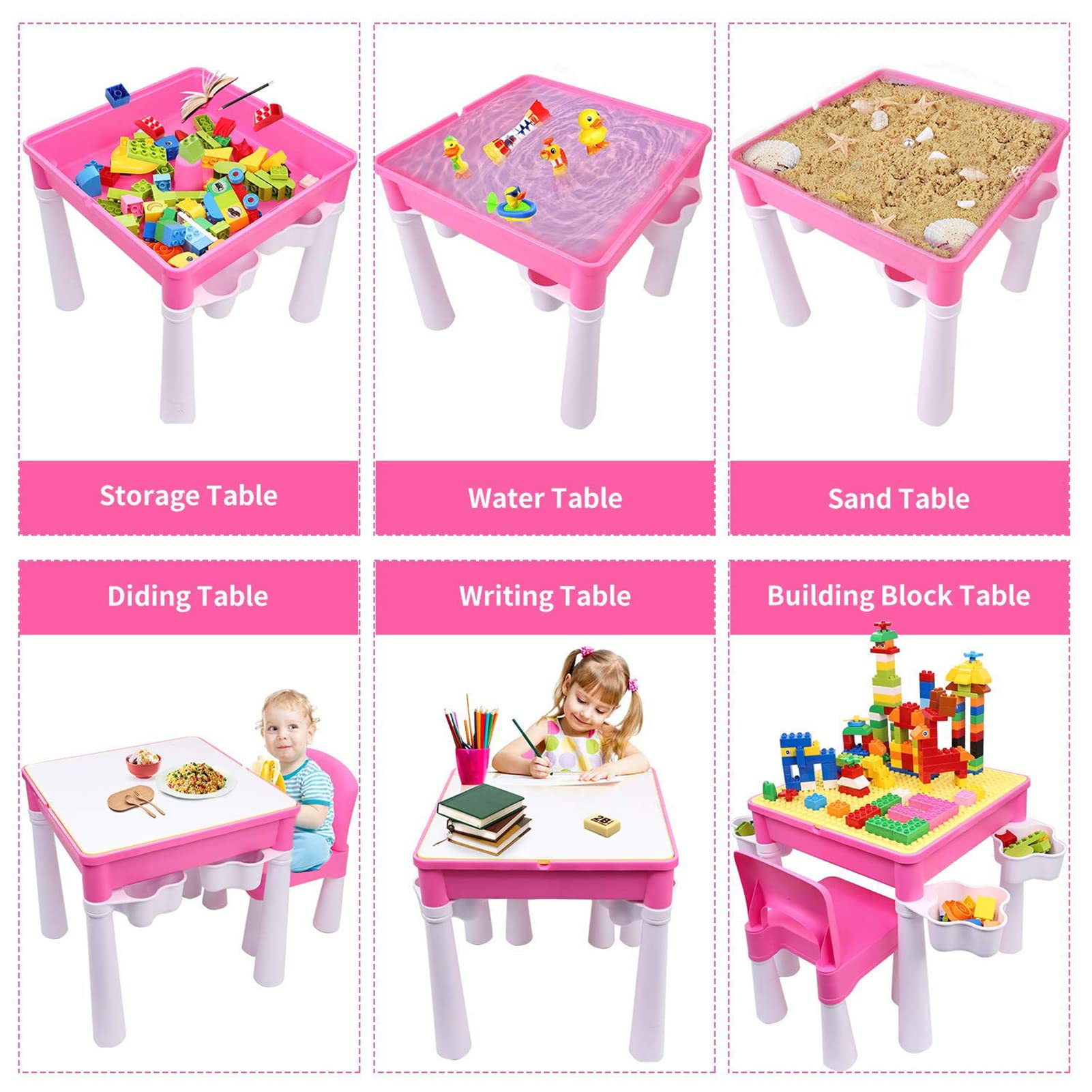 burgkidz Juego de Mesa y Silla Infantil, Mesa de Actividades Construccion y Silla con 128 Piezas Juguetes de Creativos Grandes Clásicos para Niñas, Rosa